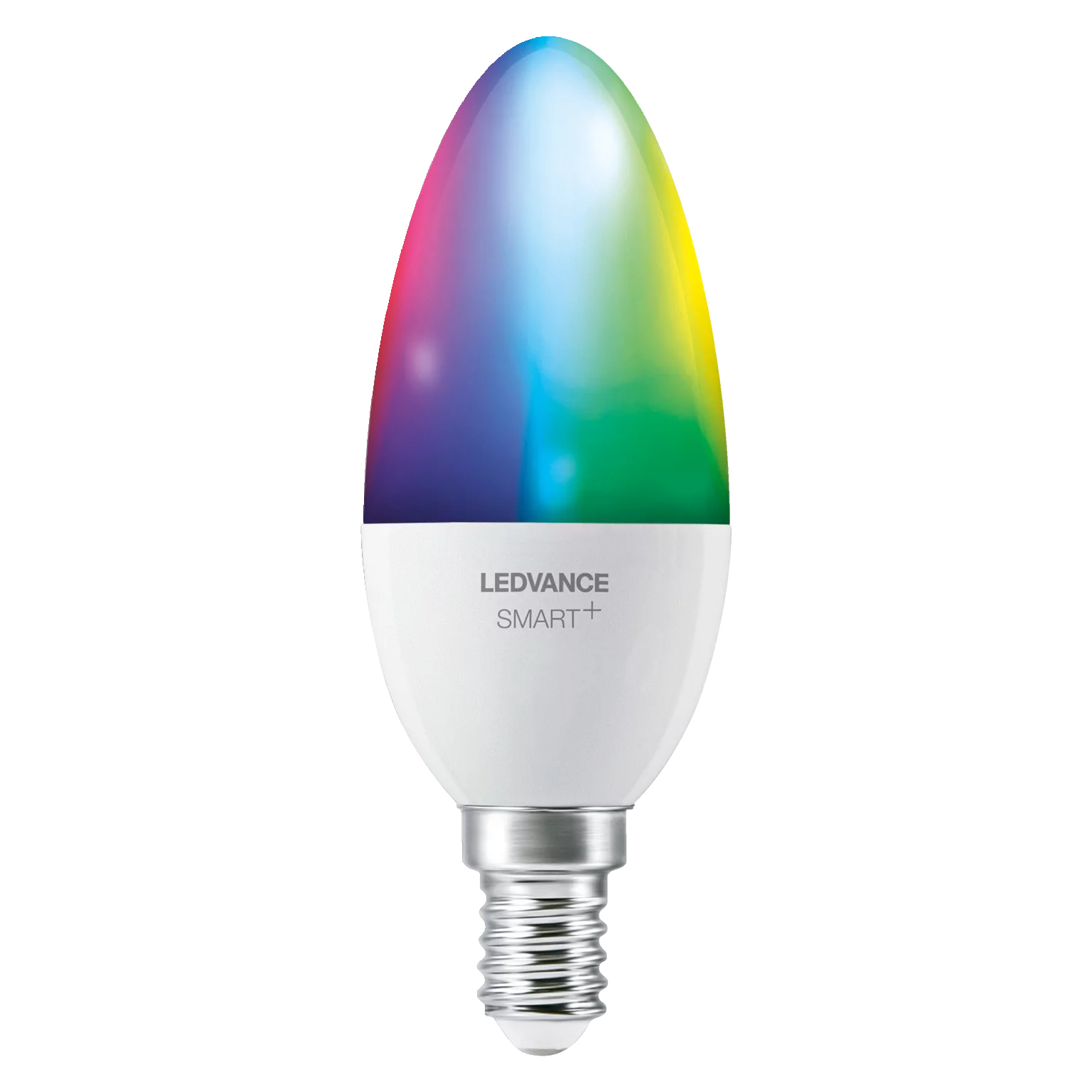 Kolorowa żarówka LED smart z srebrną podstawą na białym tle.