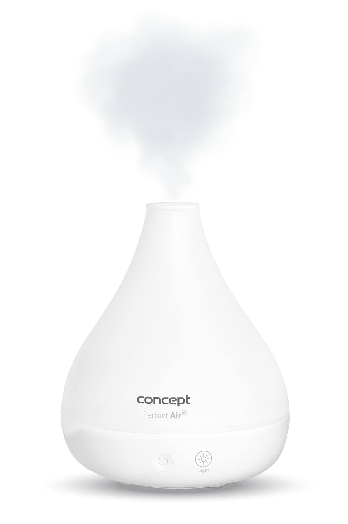 Umidificatore bianco, marchio concept, con vapore che esce, isolato su sfondo bianco.