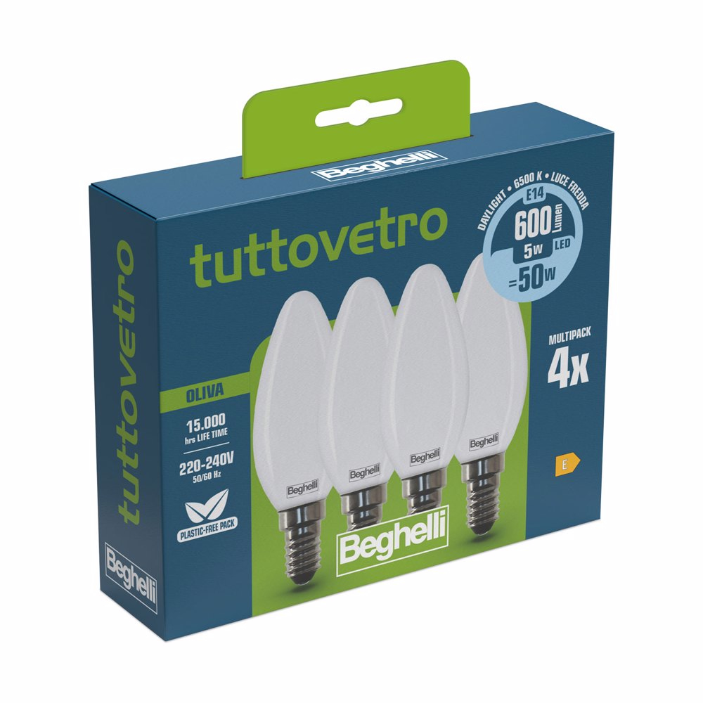 Una scatola di quattro lampadine Beghelli tuttovetro. La scatola è blu, le lampadine sono bianche.