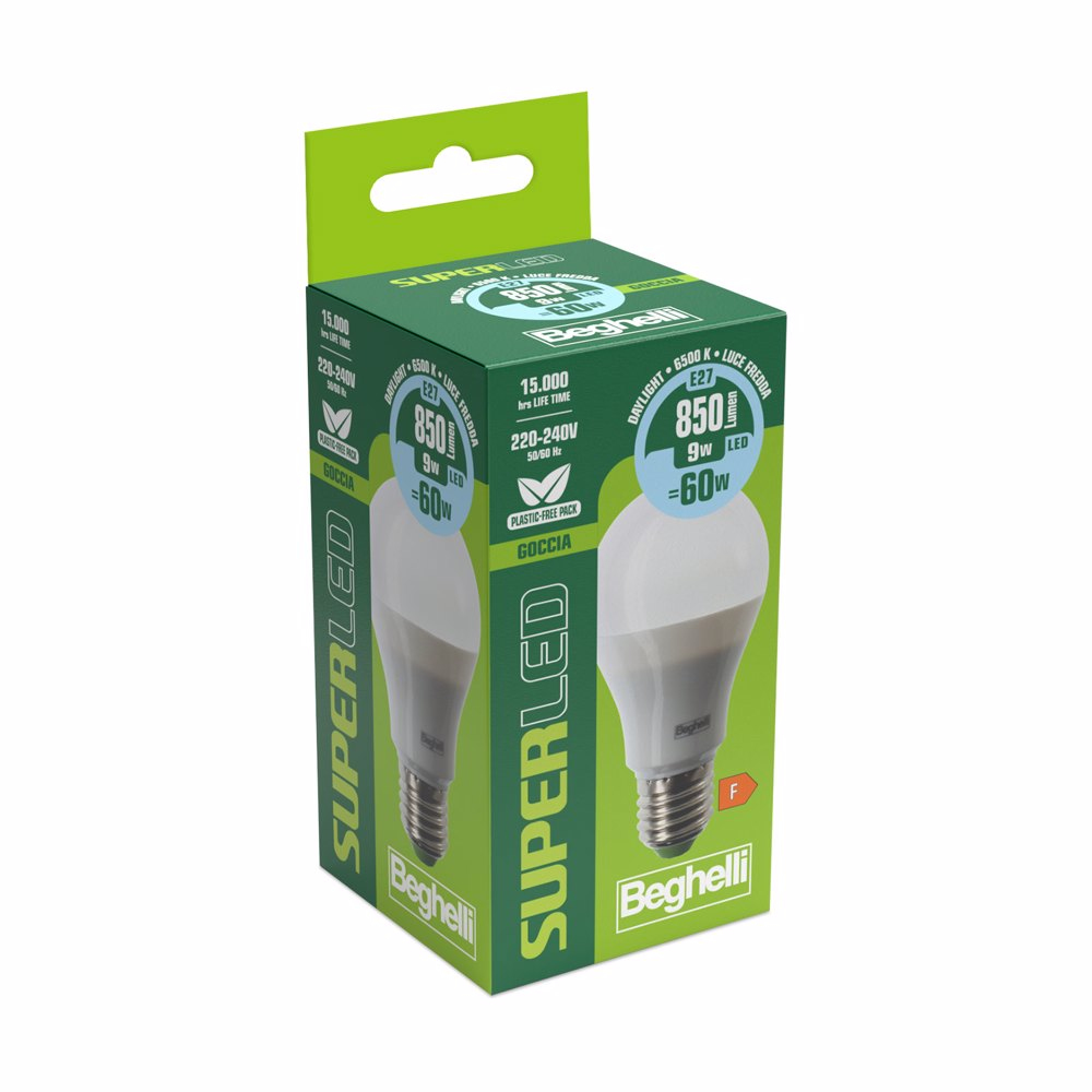 Lampadina LED in scatola con testo, confezione verde e bianca, isolata su bianco.