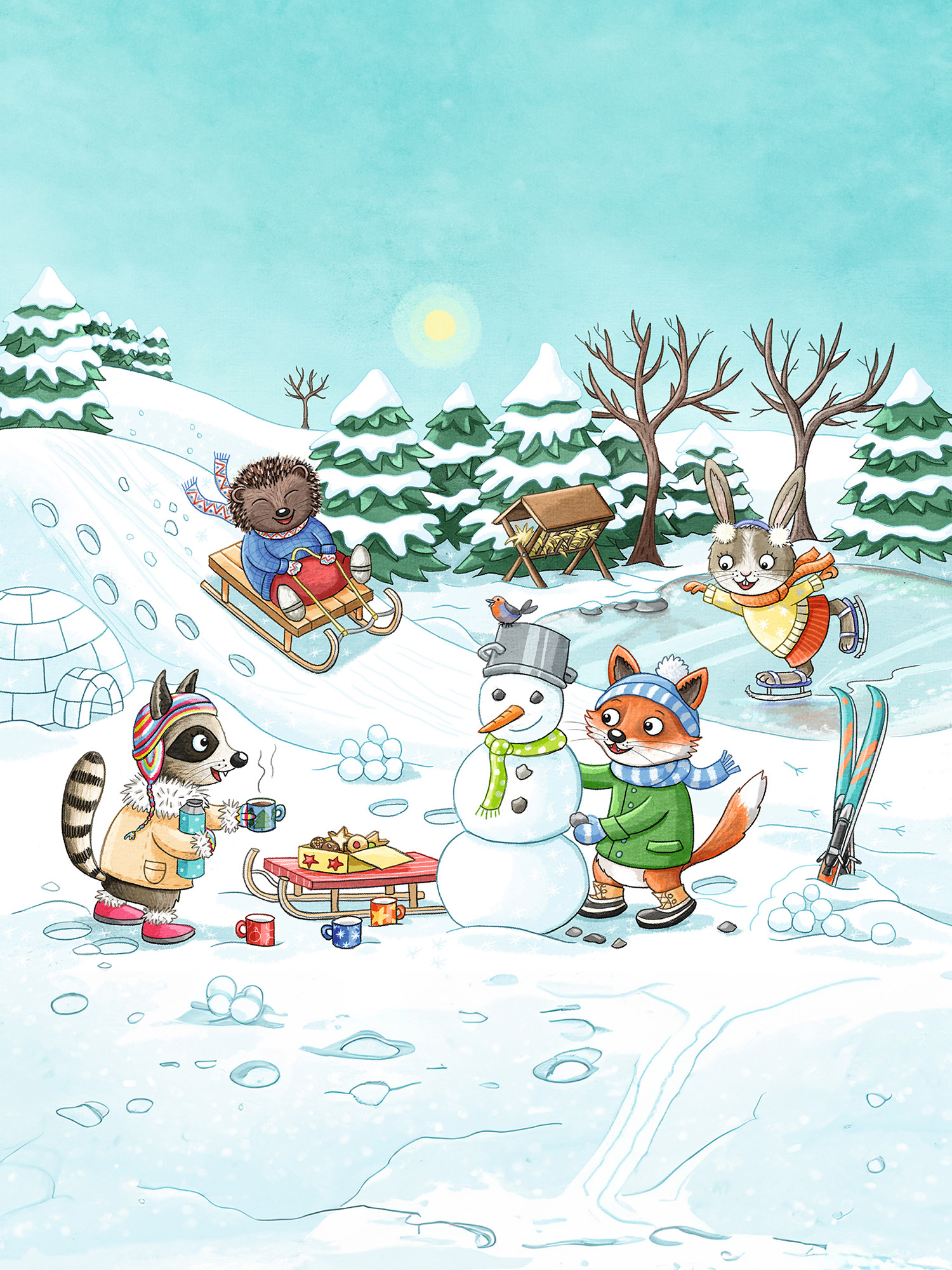 Eine Winterszene mit Tieren, die einen Schneemann bauen; Iglu und Schlitten im Hintergrund.