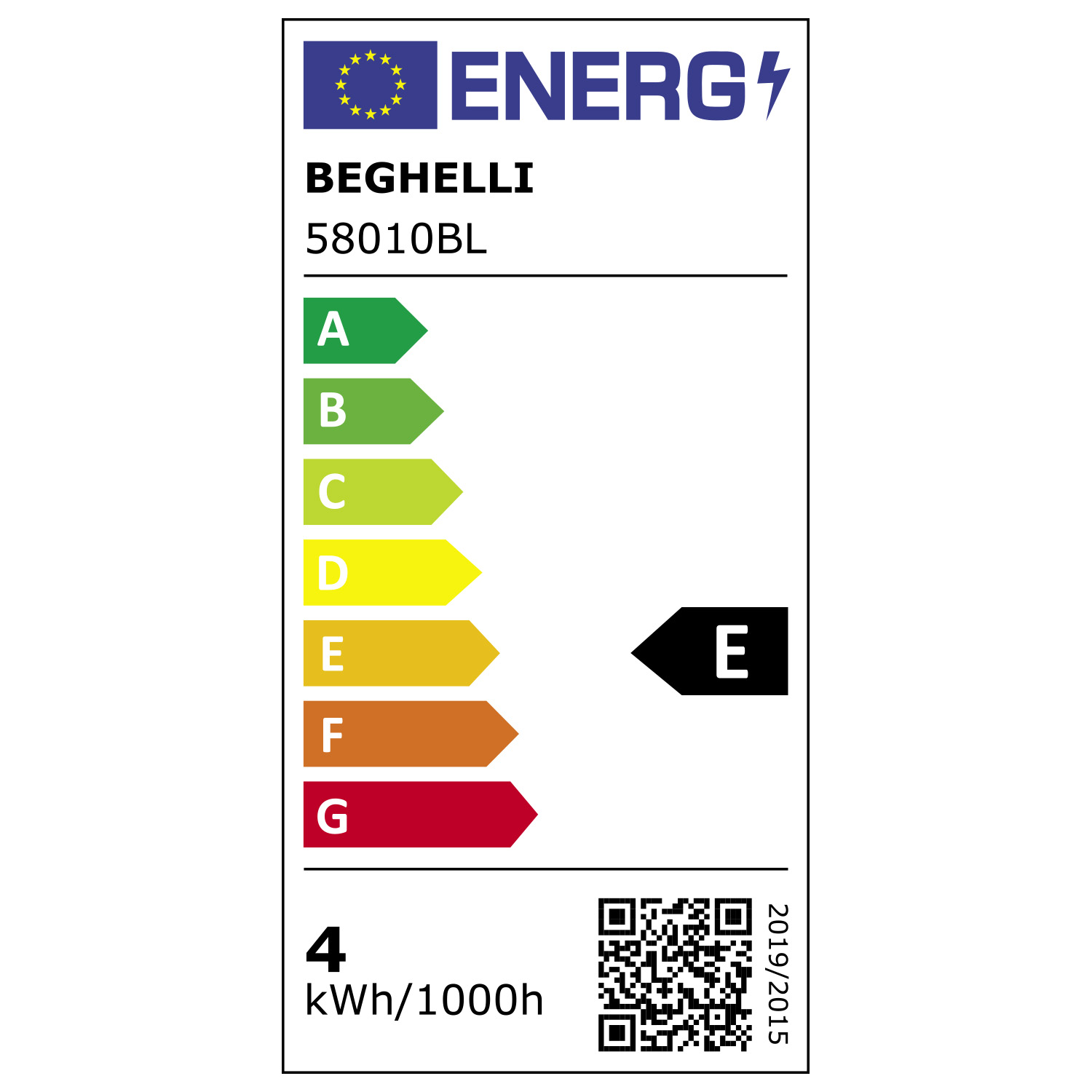 Etykieta energetyczna dla BEGHELLI 58010BL, klasa E, i 4 kWh/1000h.