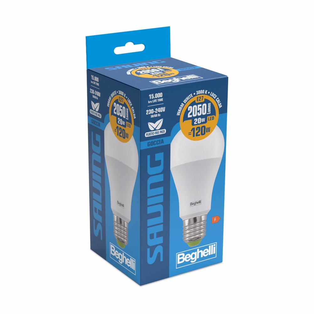 Pudełko z żarówką Beghelli Saving LED, z białą żarówką i niebieskimi akcentami.