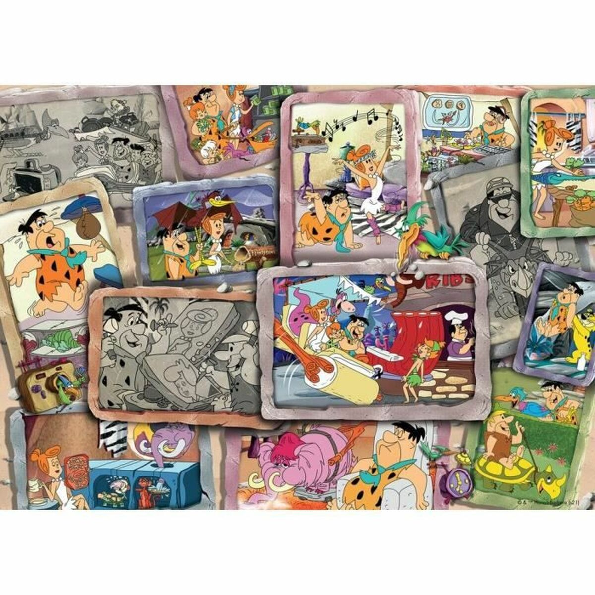 Puzzle Flintstonów z kilkoma scenami z serialu animowanego, w czerni i bieli oraz kolorze.