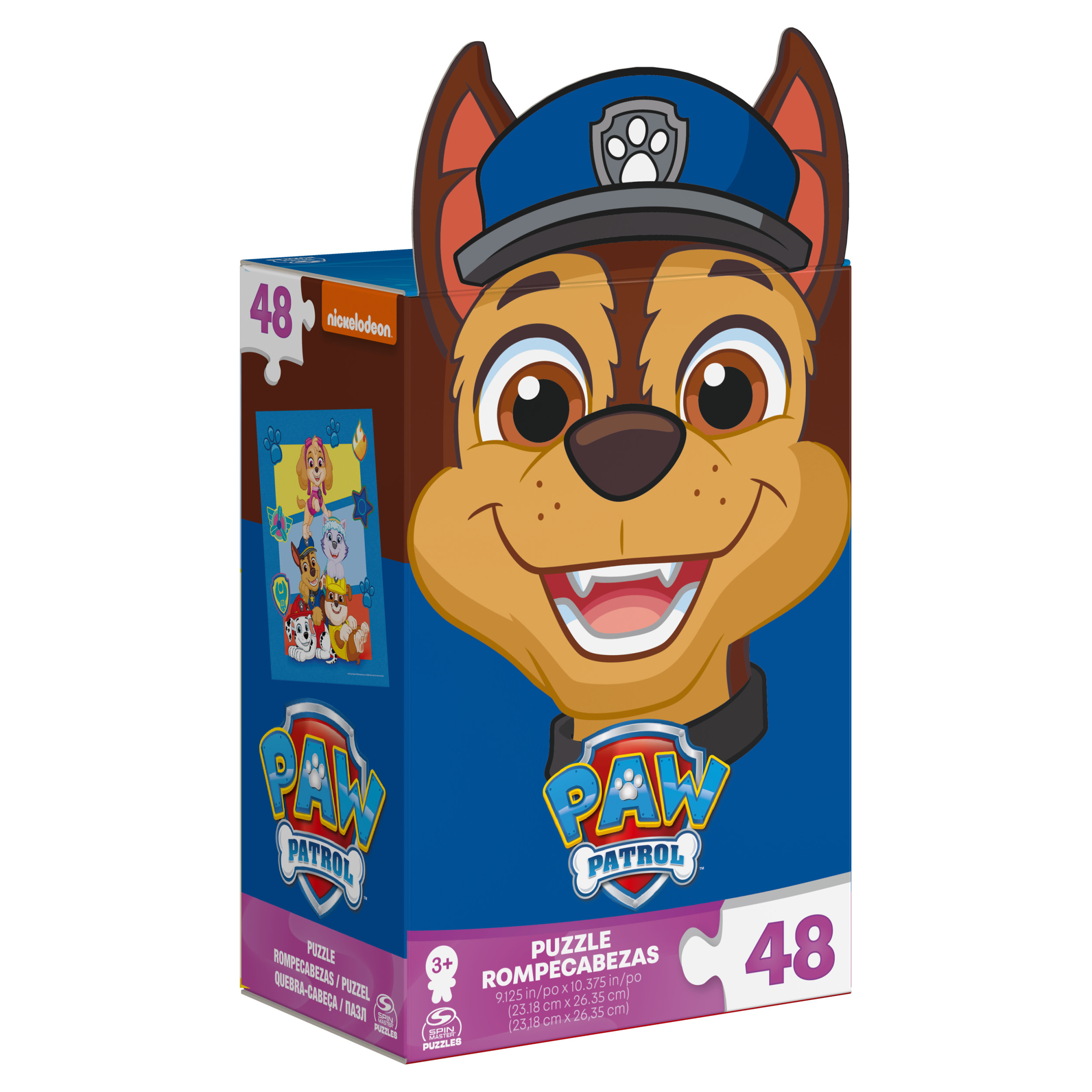 Pudełko z puzzlami Paw Patrol z Chase. Pudełko ma obrazek z puzzli.