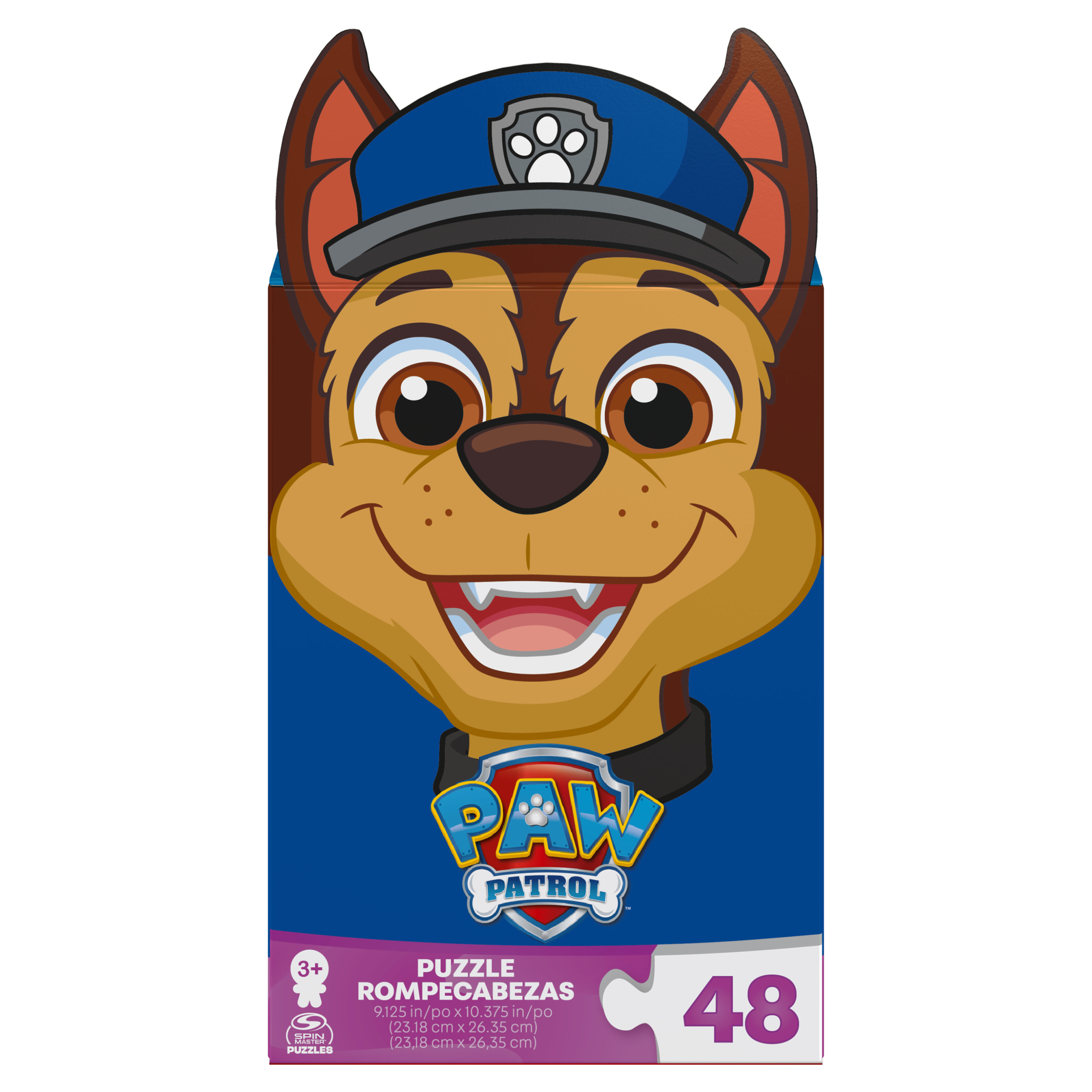 Pudełko z puzzlami Paw Patrol przedstawiające Chase w czapce policyjnej i logo Paw Patrol.