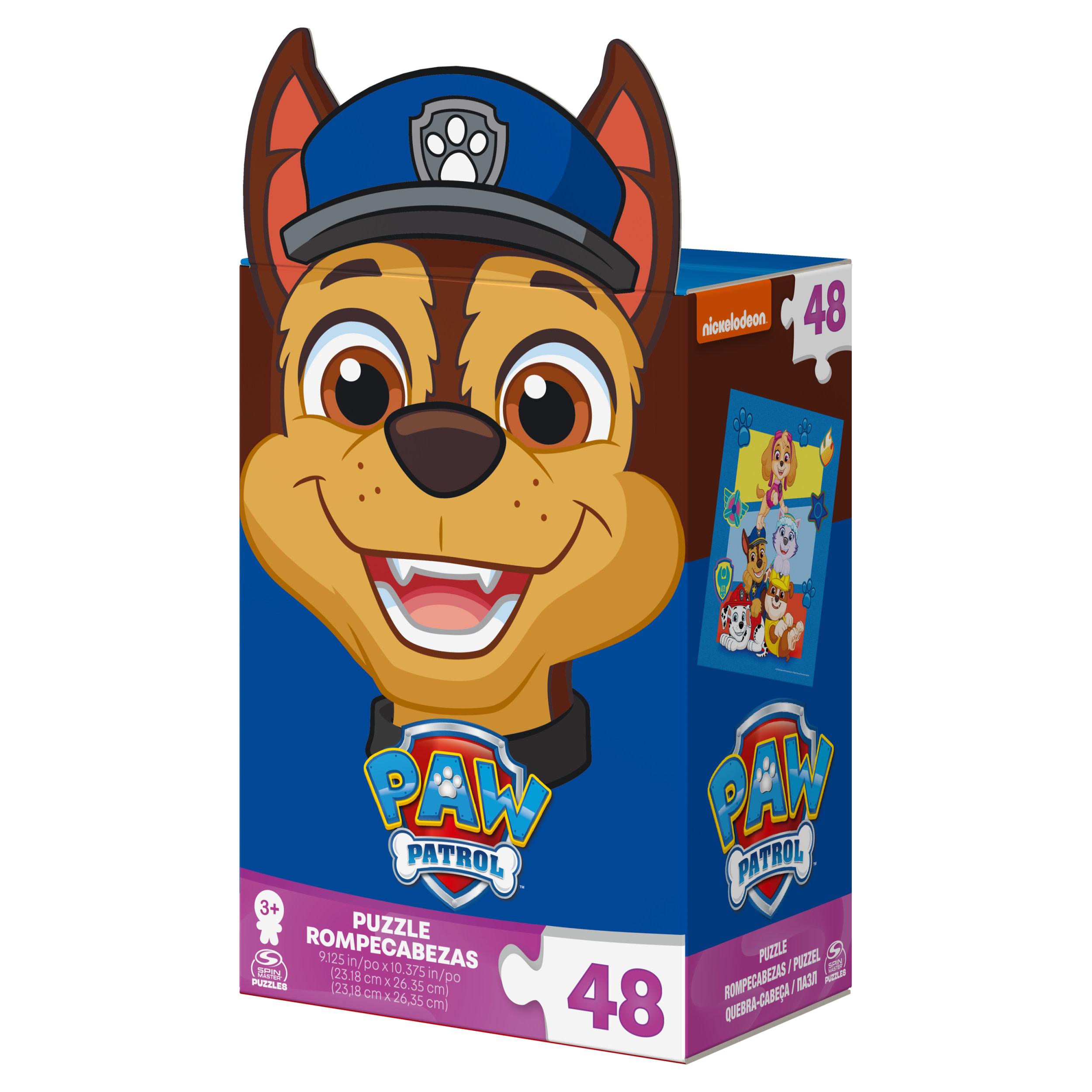 Pudełko z puzzlami Paw Patrol z twarzą Chase'a, 48-elementowa układanka z postaciami.