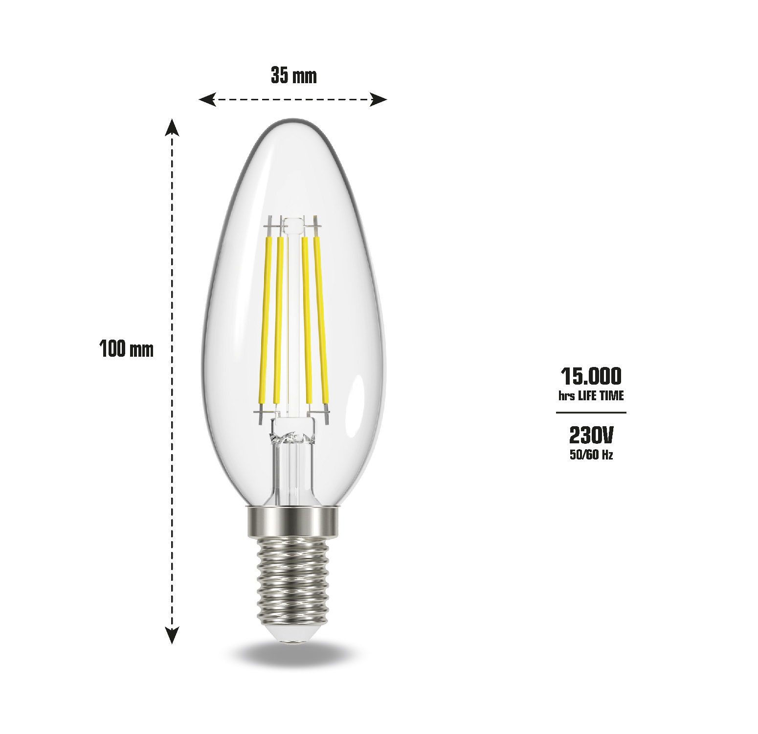 Żarówka w stylu świecy pokazująca swoje wymiary, 100 mm wysokości i 35 mm szerokości.