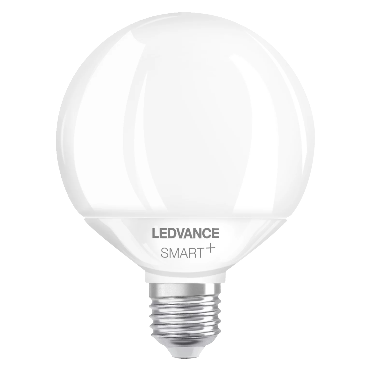 Una lampadina bianca LEDVANCE SMART+. Ha una forma a globo arrotondata con base argentata.