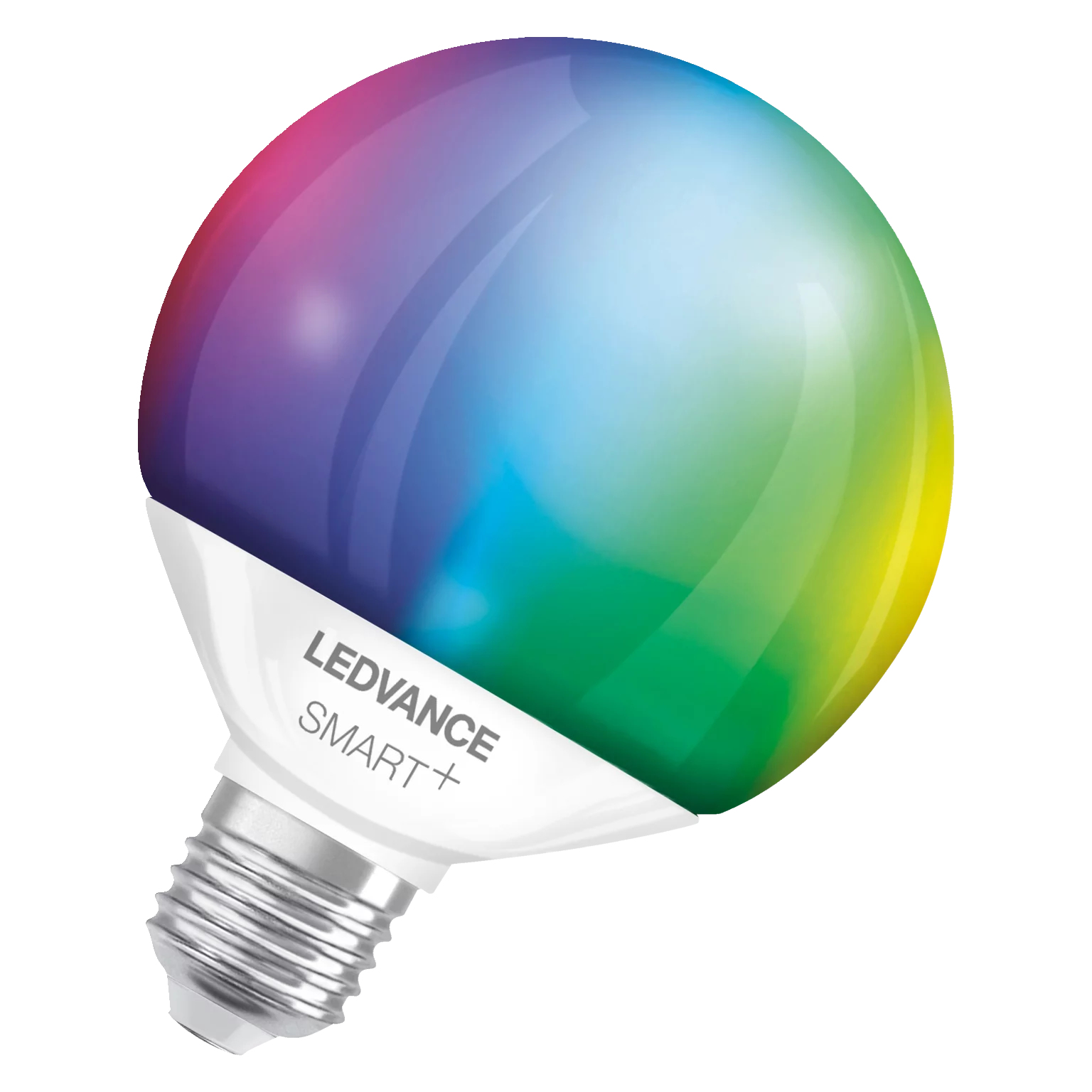 Una lampadina LED intelligente colorata. La lampadina è bianca con un effetto arcobaleno sulla parte superiore.