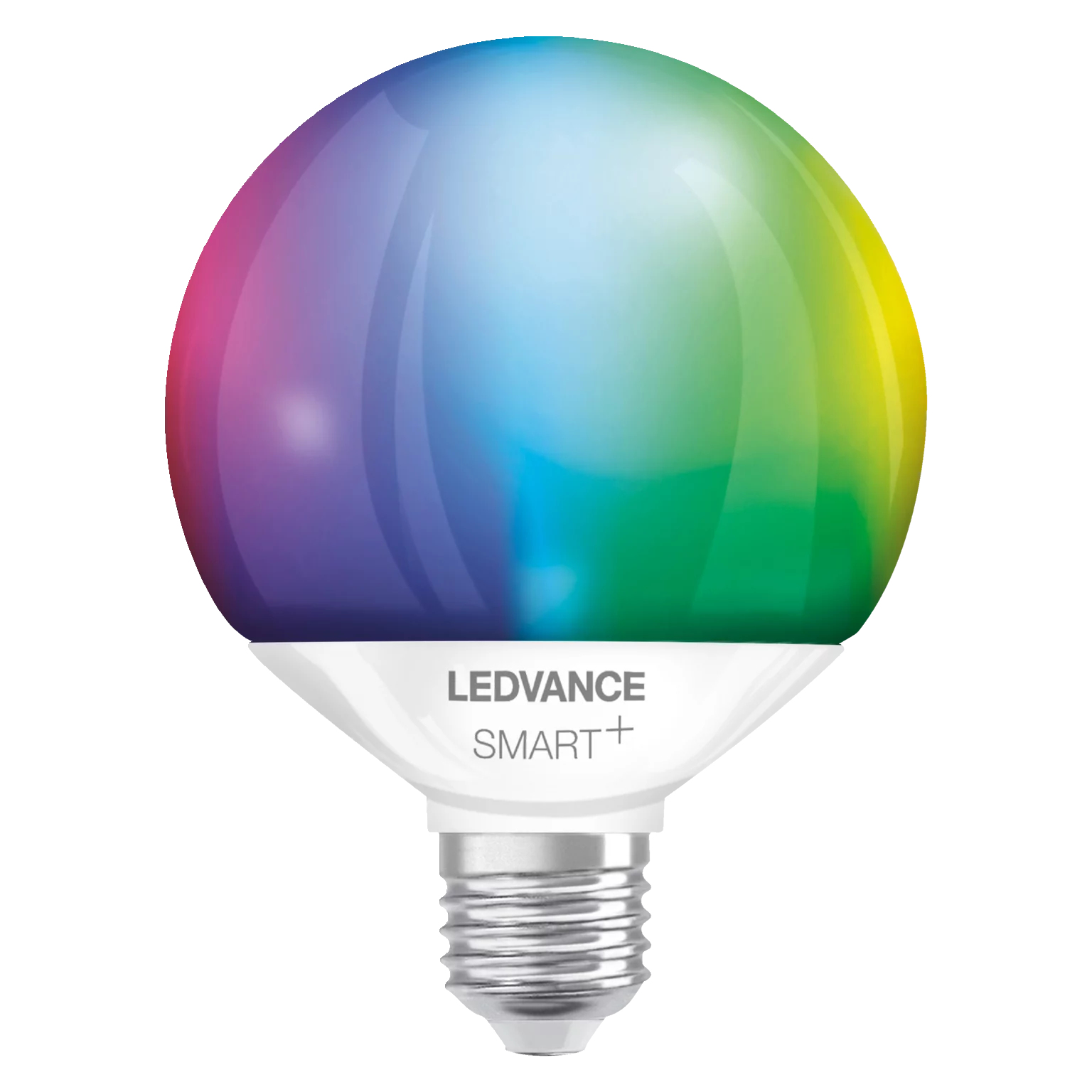 Una lampadina LED intelligente con una sfumatura colorata e una base bianca con l'etichetta LEDVANCE SMART+.