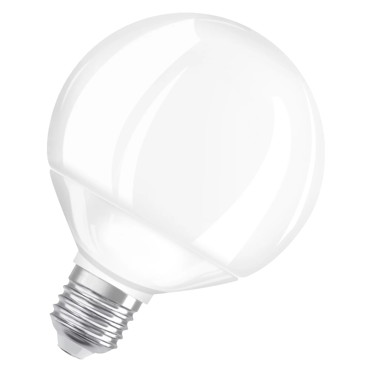 Una lampadina bianca con base argentata. La lampadina è rotonda.