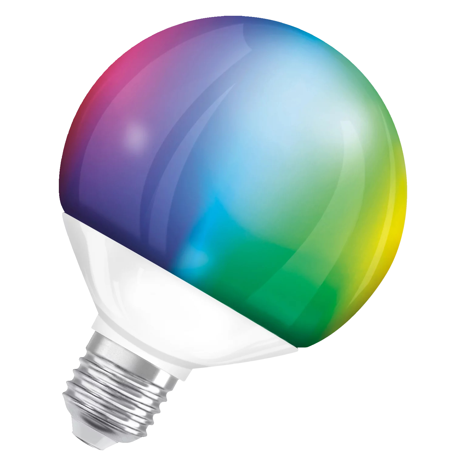 Una lampadina LED multicolore con base bianca e parte a vite argentata, angolata verso l'alto.