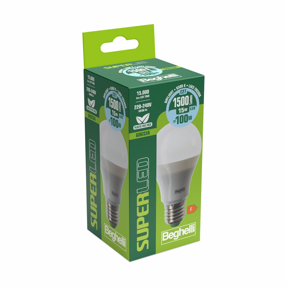 Scatola di lampadina Super LED. La scatola è verde e bianca con i dettagli del prodotto.