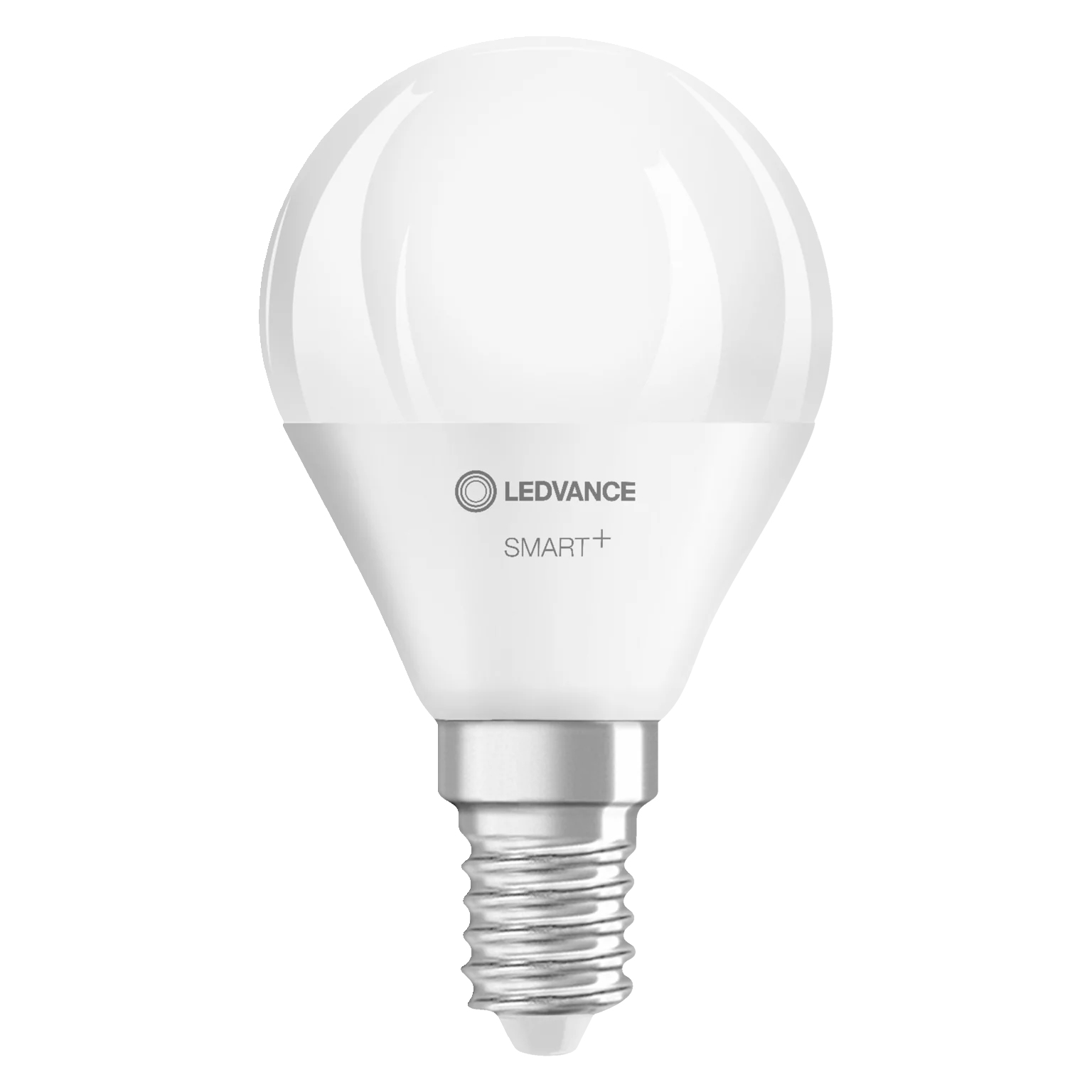 Una lampadina intelligente LEDVANCE bianca. Forma standard, base bianca e argento.