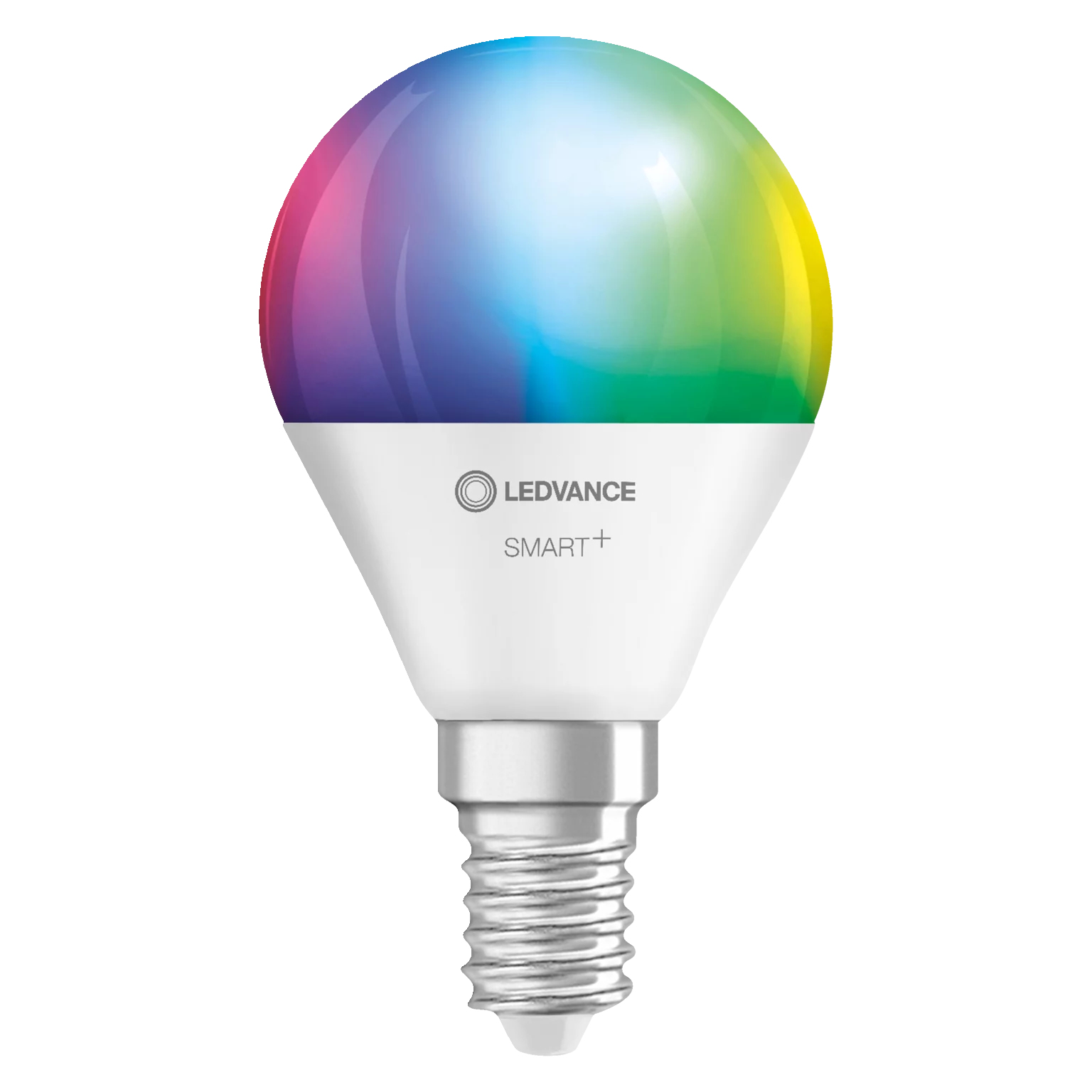 Una lampadina LED intelligente con cupola in vetro colorato. Base bianca e filettature argentate.