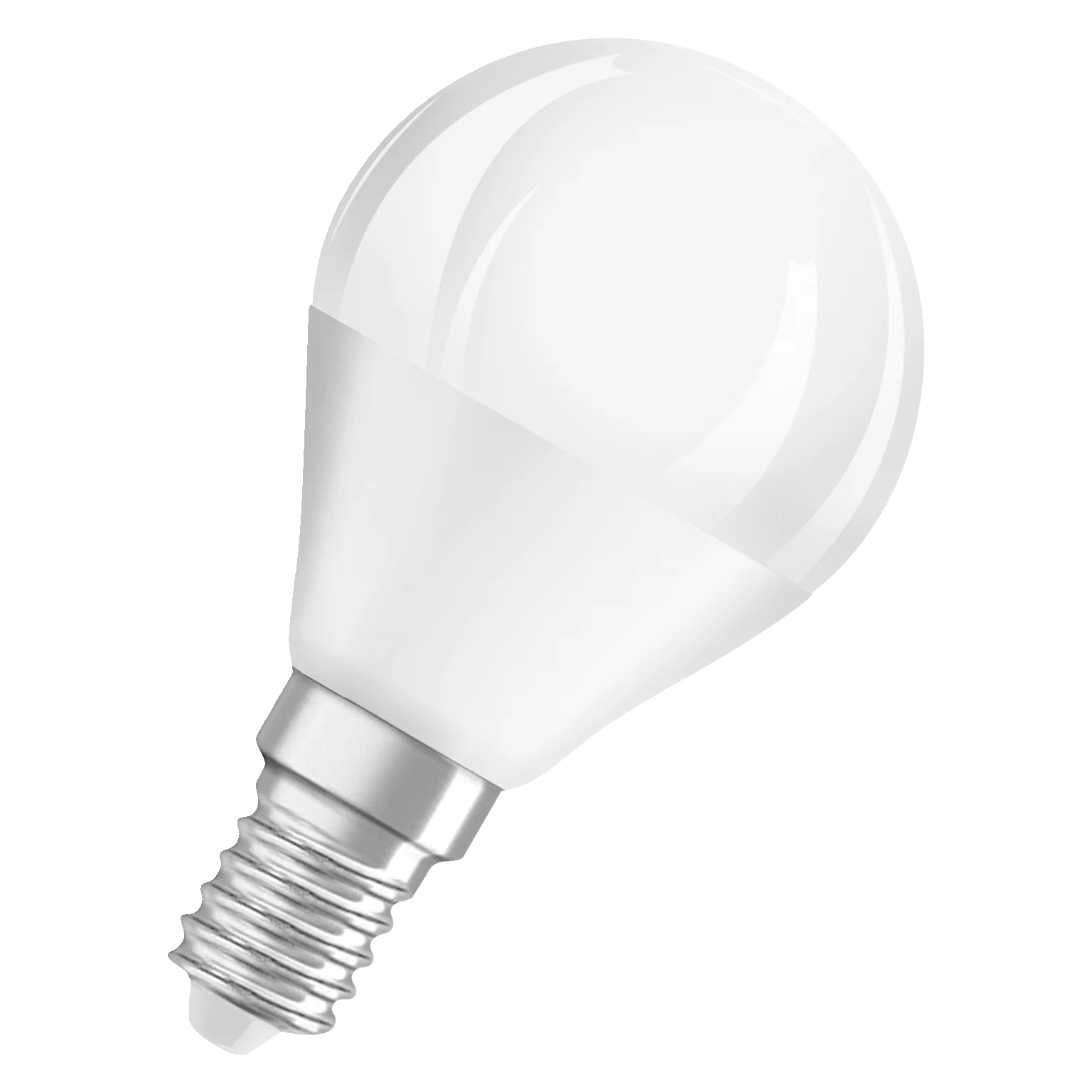 Lampadina LED bianca con base argentata, angolata su sfondo bianco, che mostra la parte superiore.