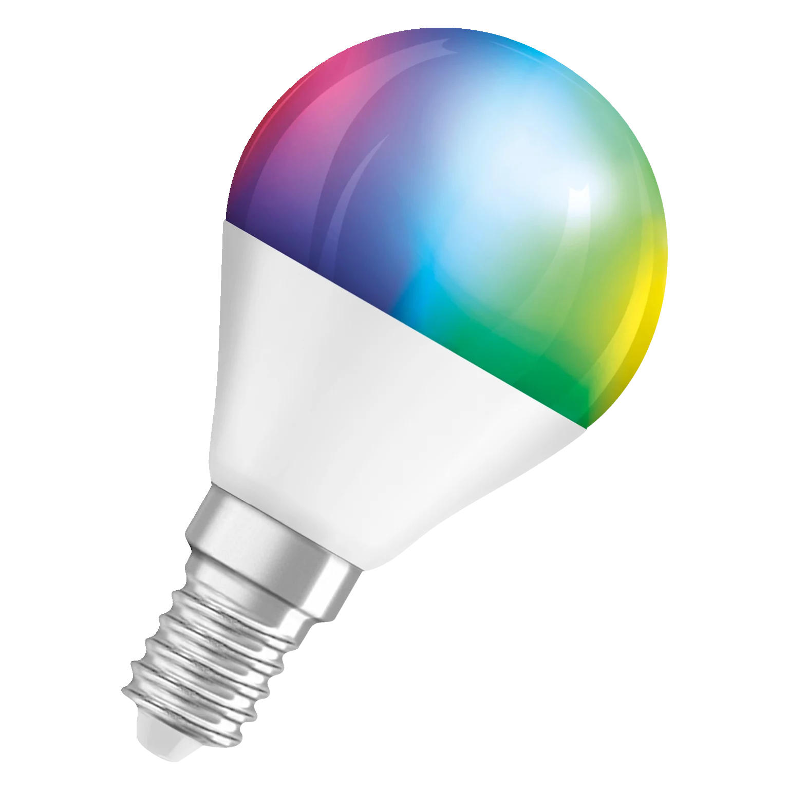 Lampadina intelligente LEDVANCE con luce colorata. Base bianca, parte superiore multicolore, sfondo bianco.