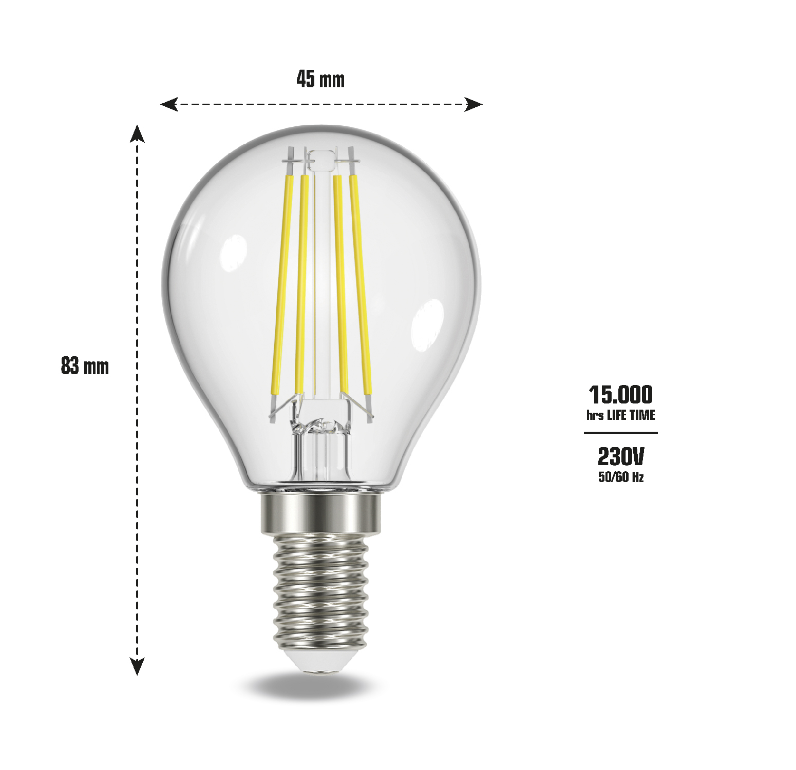 Una lampadina trasparente con misure e testo è mostrata su sfondo bianco.