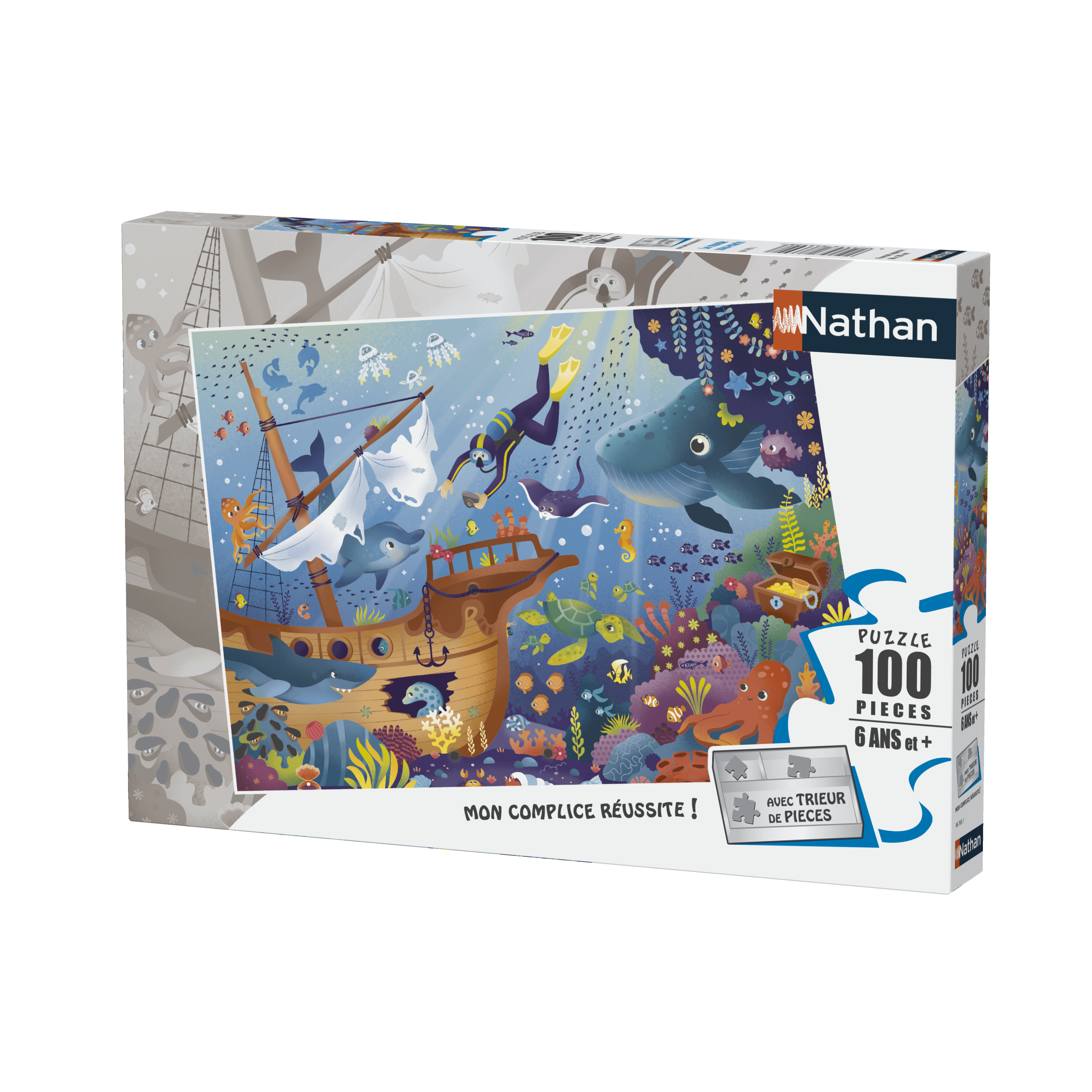 Puzzle in scatola con scena di nave pirata, sub, vita marina, forziere, e sfondo bianco.