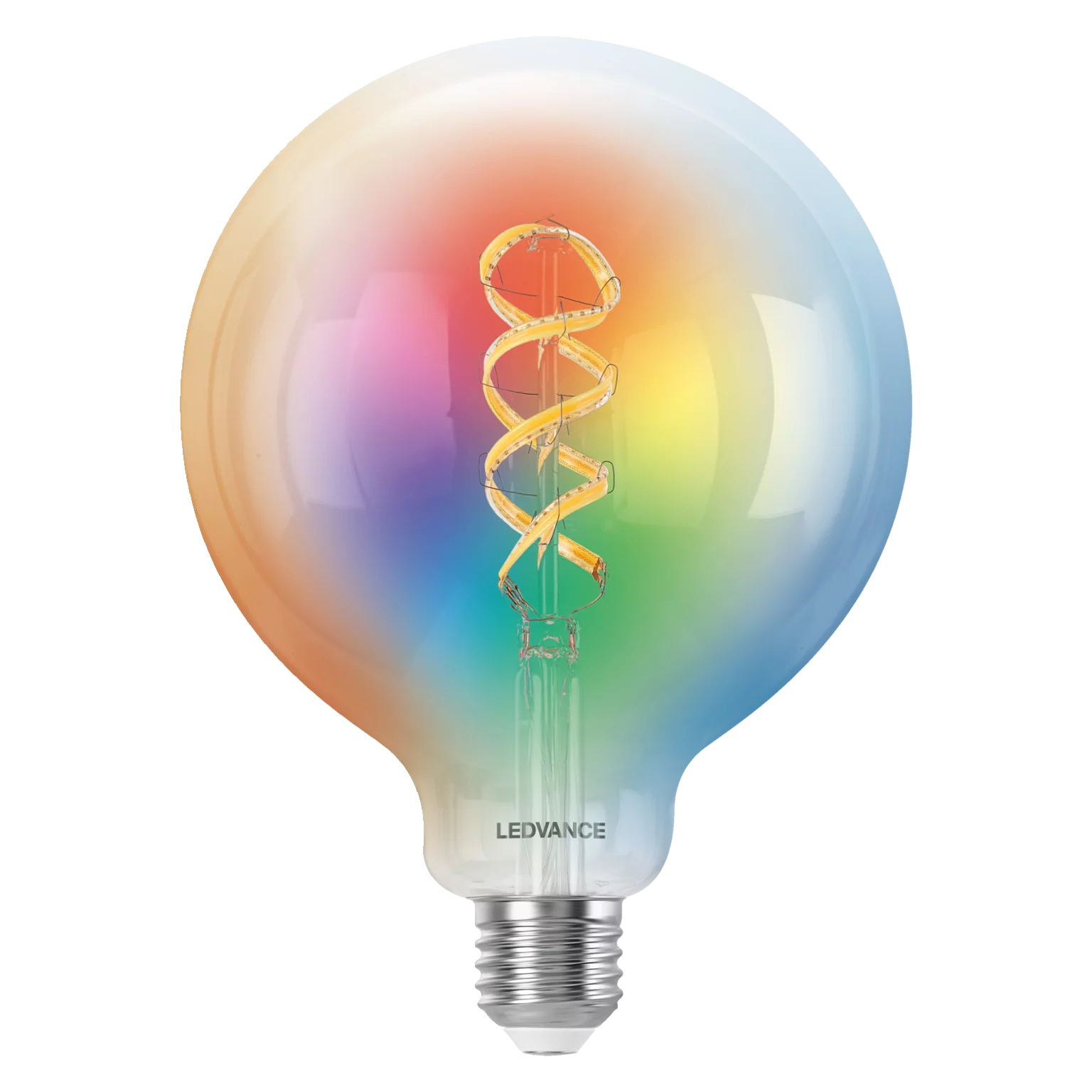 Una lampadina con un gradiente arcobaleno e un filamento a spirale.