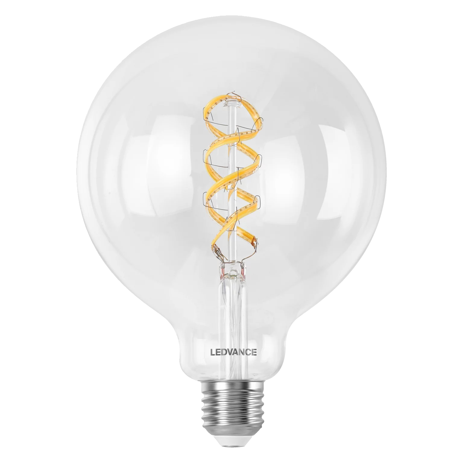 Grande lampadina trasparente con filamento a spirale giallo, base argentata, su sfondo bianco.