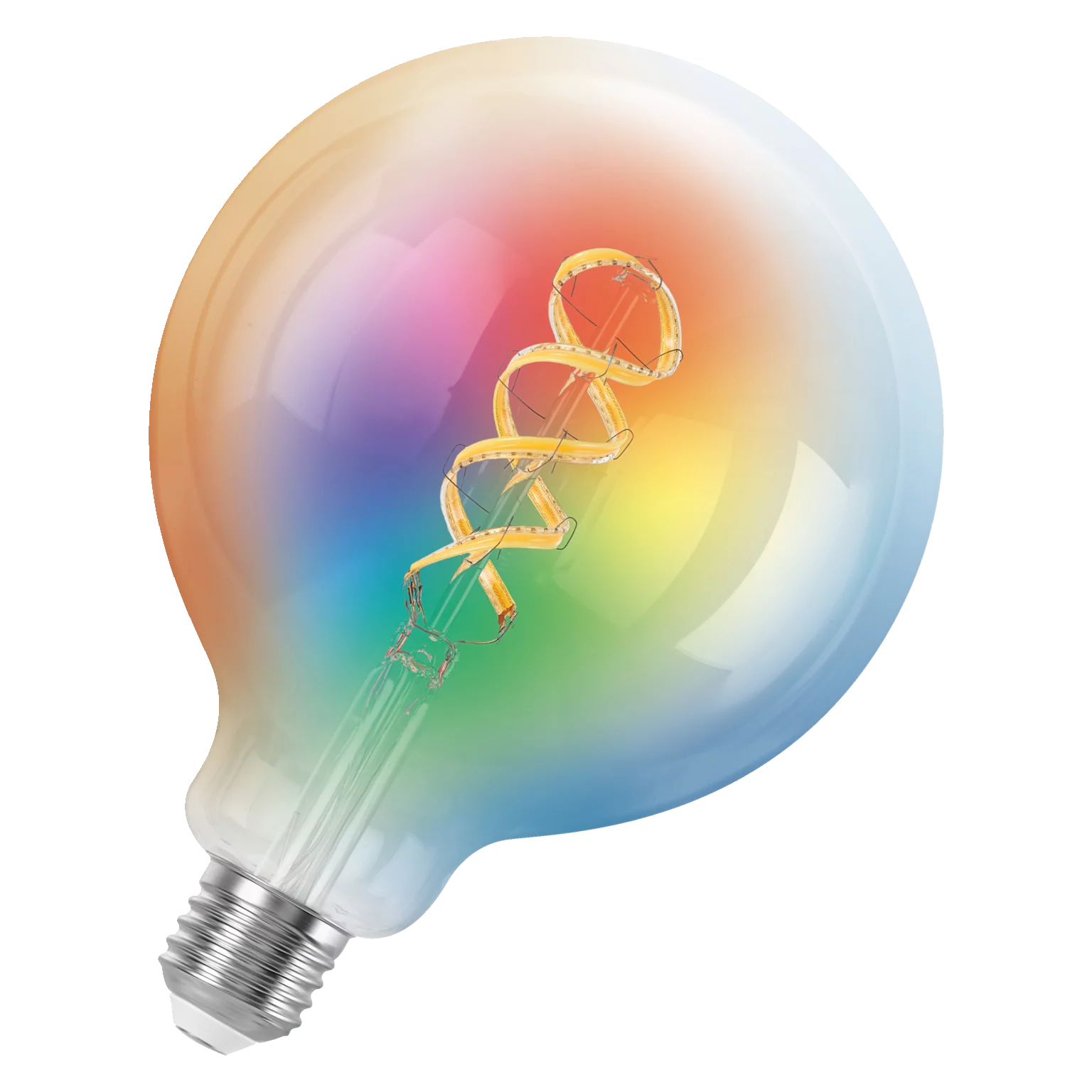 Una grande e colorata lampadina con filamento a spirale, colori arcobaleno e base argentata.
