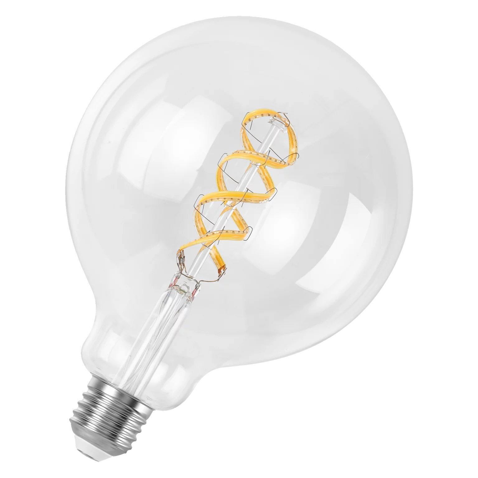 Grande lampadina trasparente con filamento a spirale giallo, angolata, base argentata, sfondo bianco.