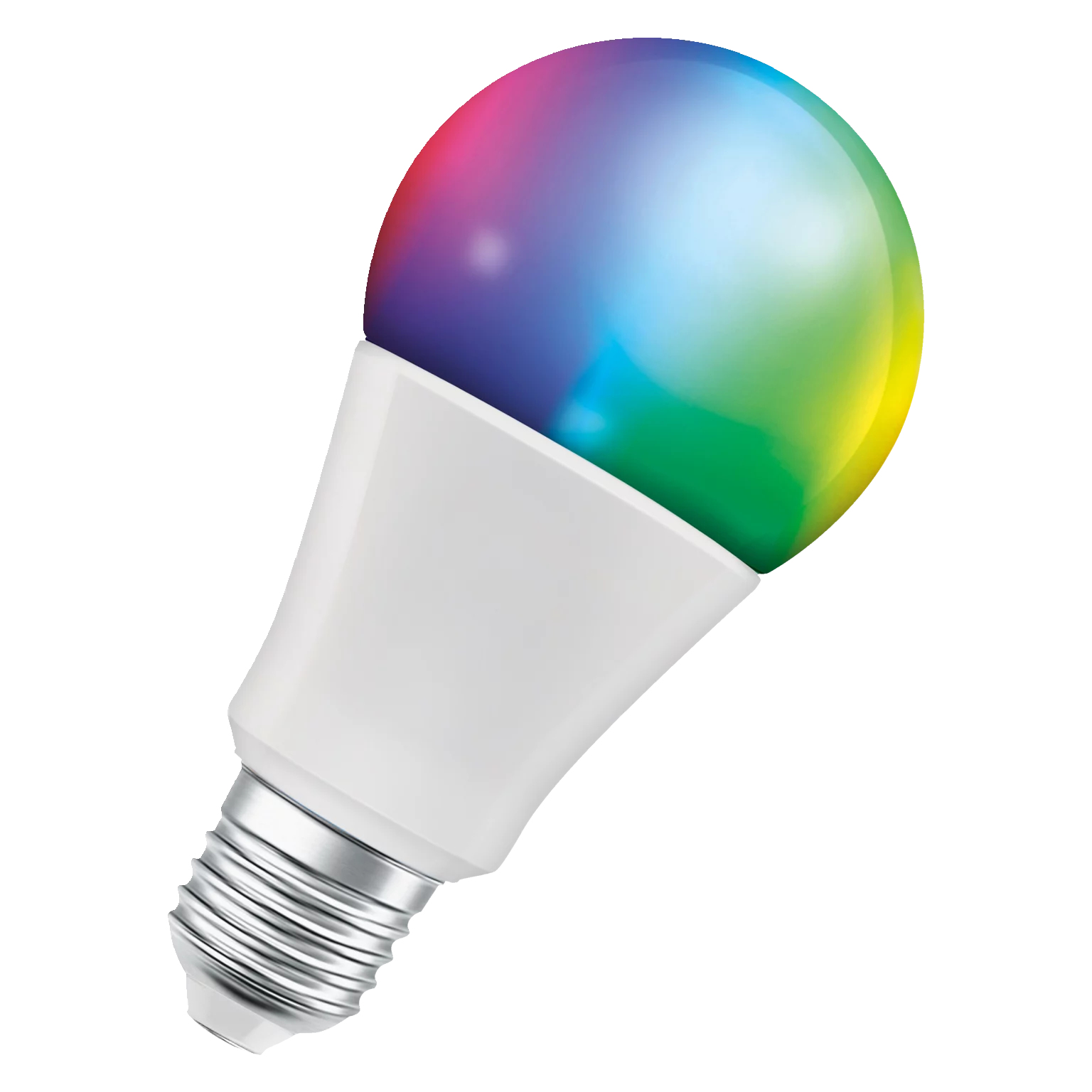Biała żarówka LEDVANCE SMART+ z wielokolorowym wierzchem na białym tle.