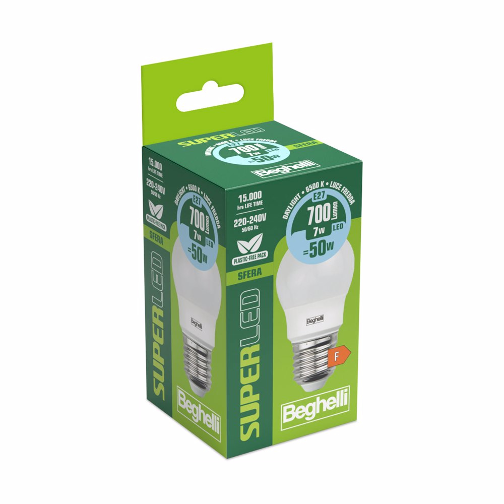 Scatola di una lampadina SuperLED. La scatola è verde e bianca. La lampadina è sulla scatola.