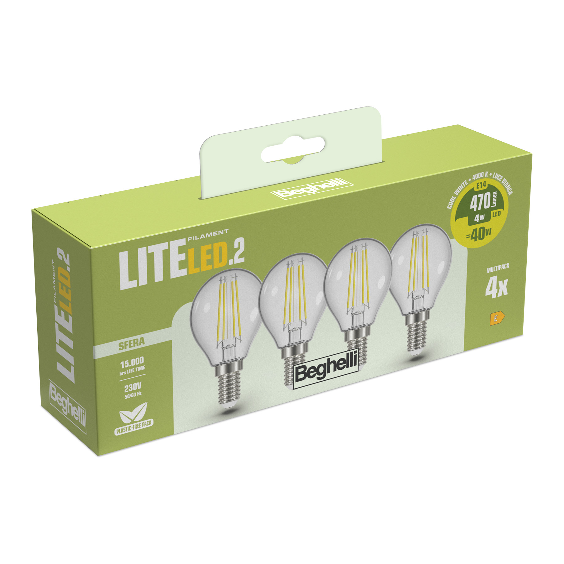 Scatola di quattro lampadine LED, con manico. La scatola è verde con dettagli bianchi e gialli.