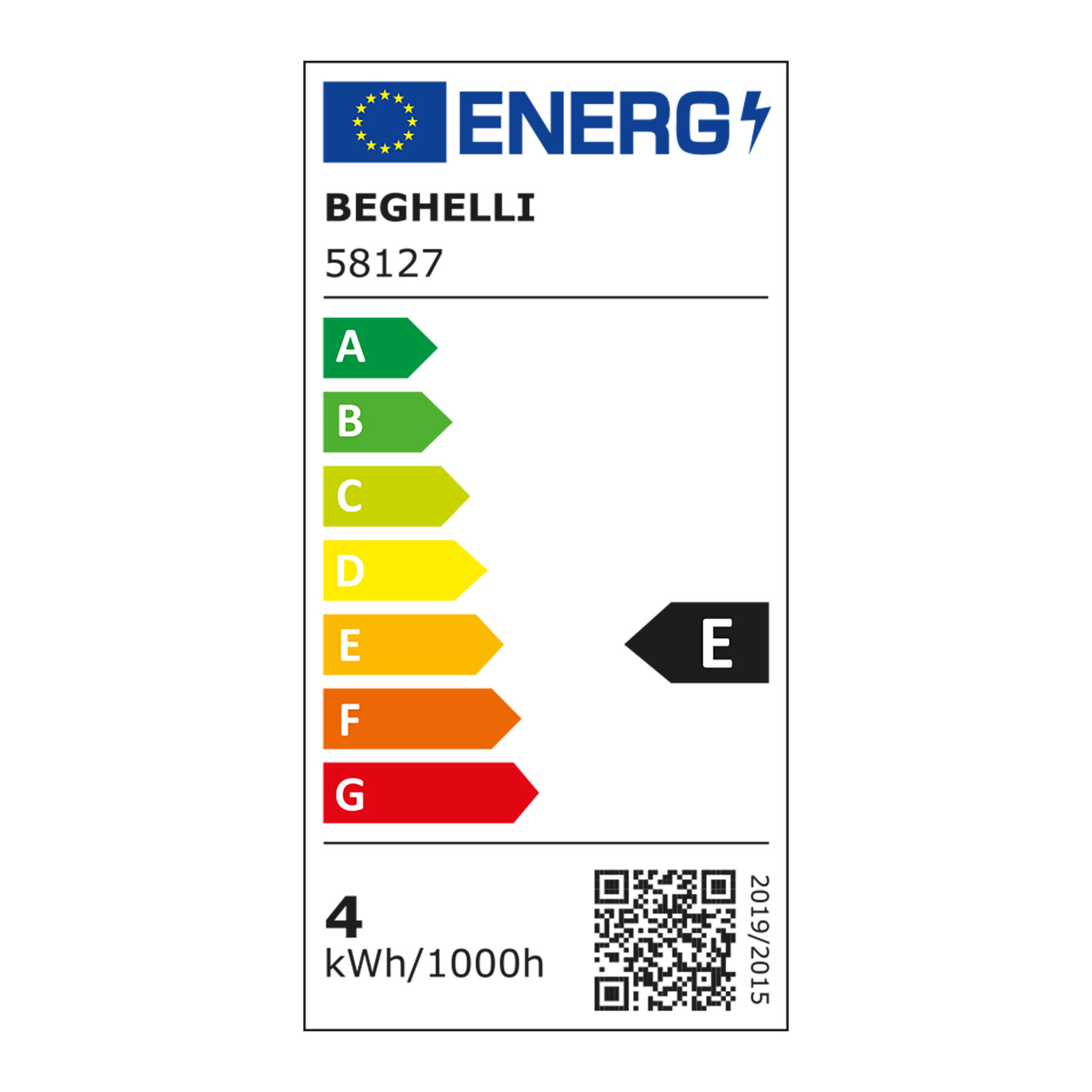 Etichetta energetica di una lampadina. Mostra Beghelli, 58127 e una classe energetica E.