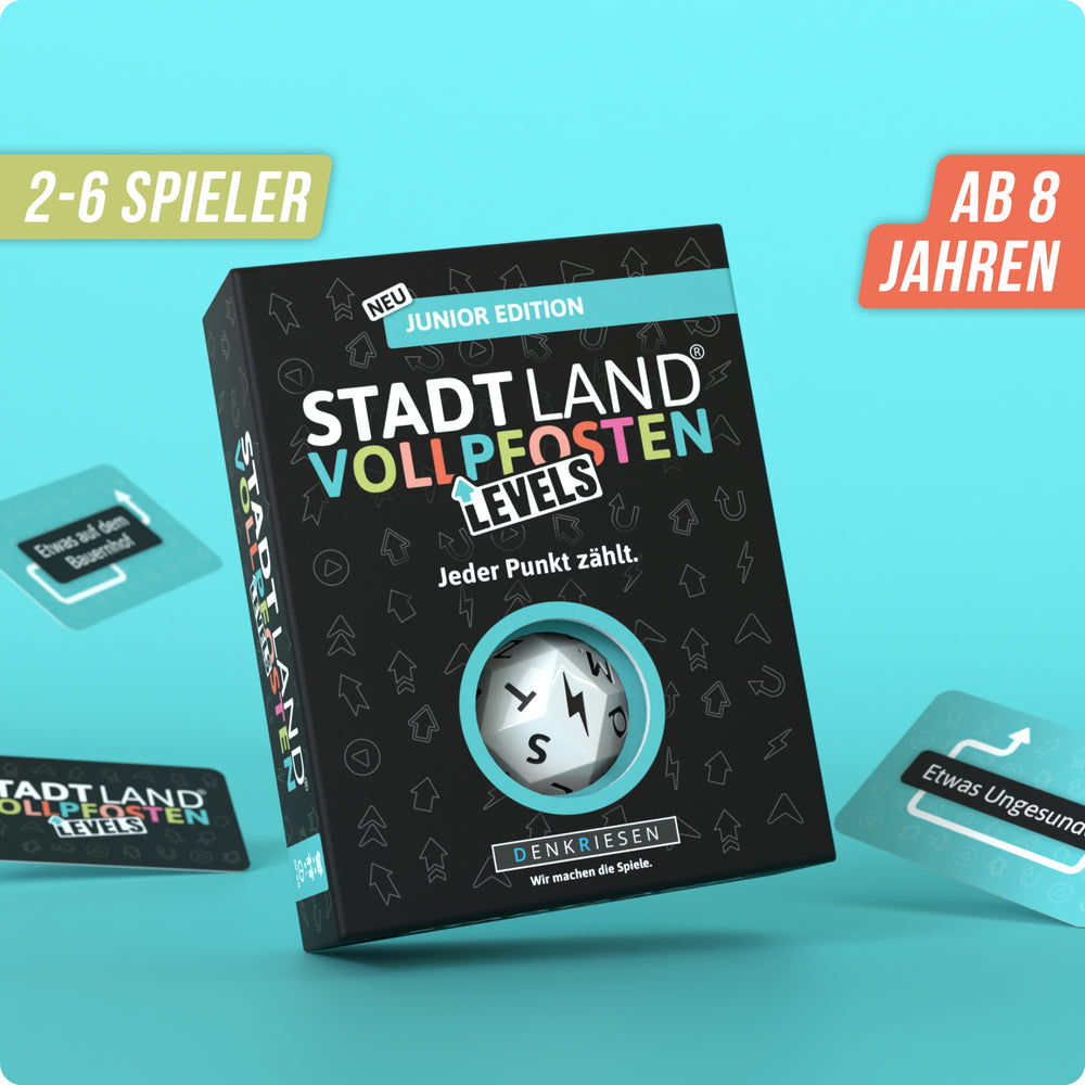 Eine Spielbox mit einem Würfel, der ein S zeigt. Das Spiel heißt Stadt Land Vollpfosten Levels.