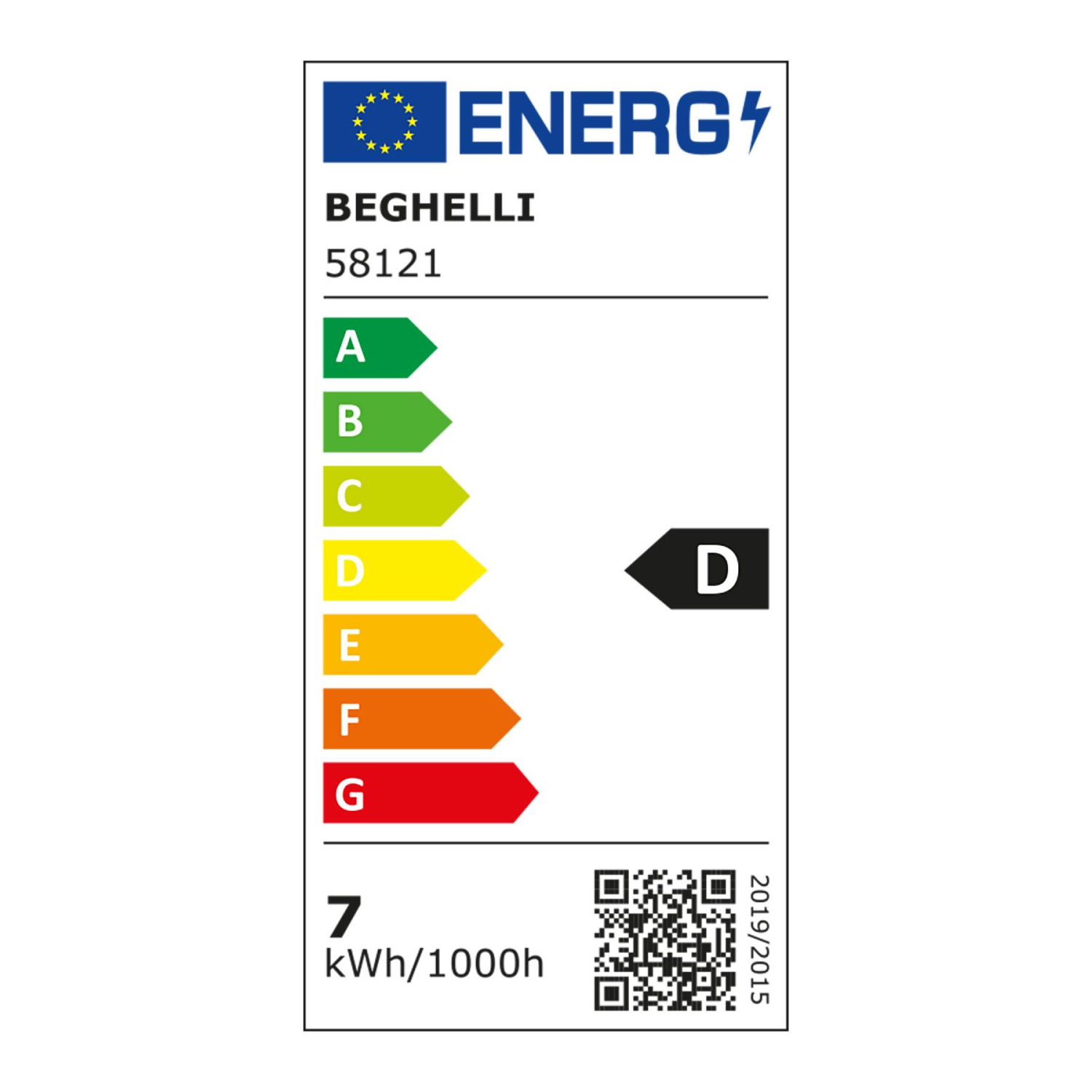 Etykieta energetyczna, BEGHELLI, 58121, z oceną D. Pokazuje szczegóły efektywności energetycznej.