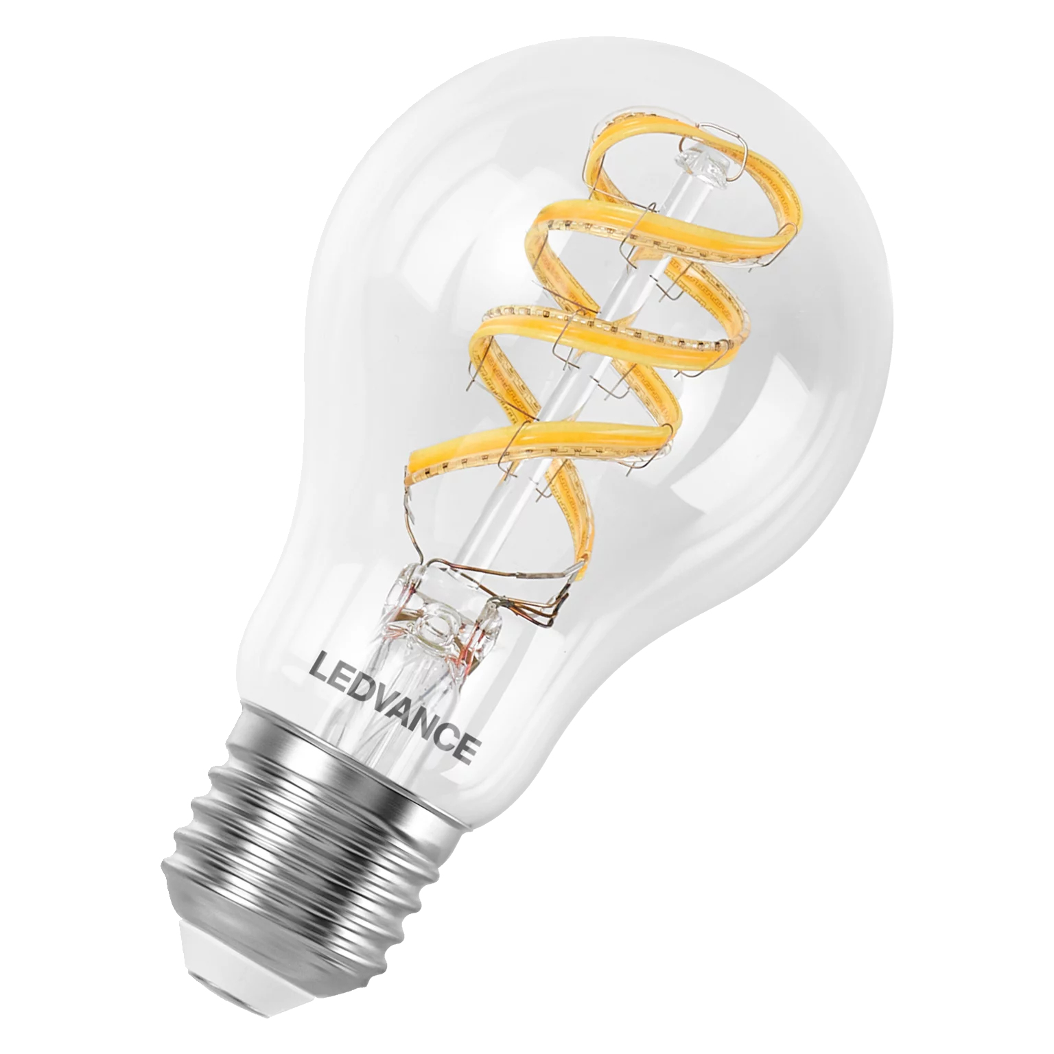 Una lampadina trasparente con un filamento a spirale giallo. Sfondo bianco.