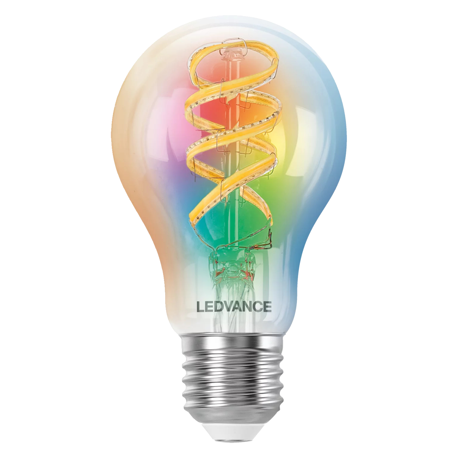 Una lampadina LEDVANCE con vetro arcobaleno e filamento a spirale giallo.