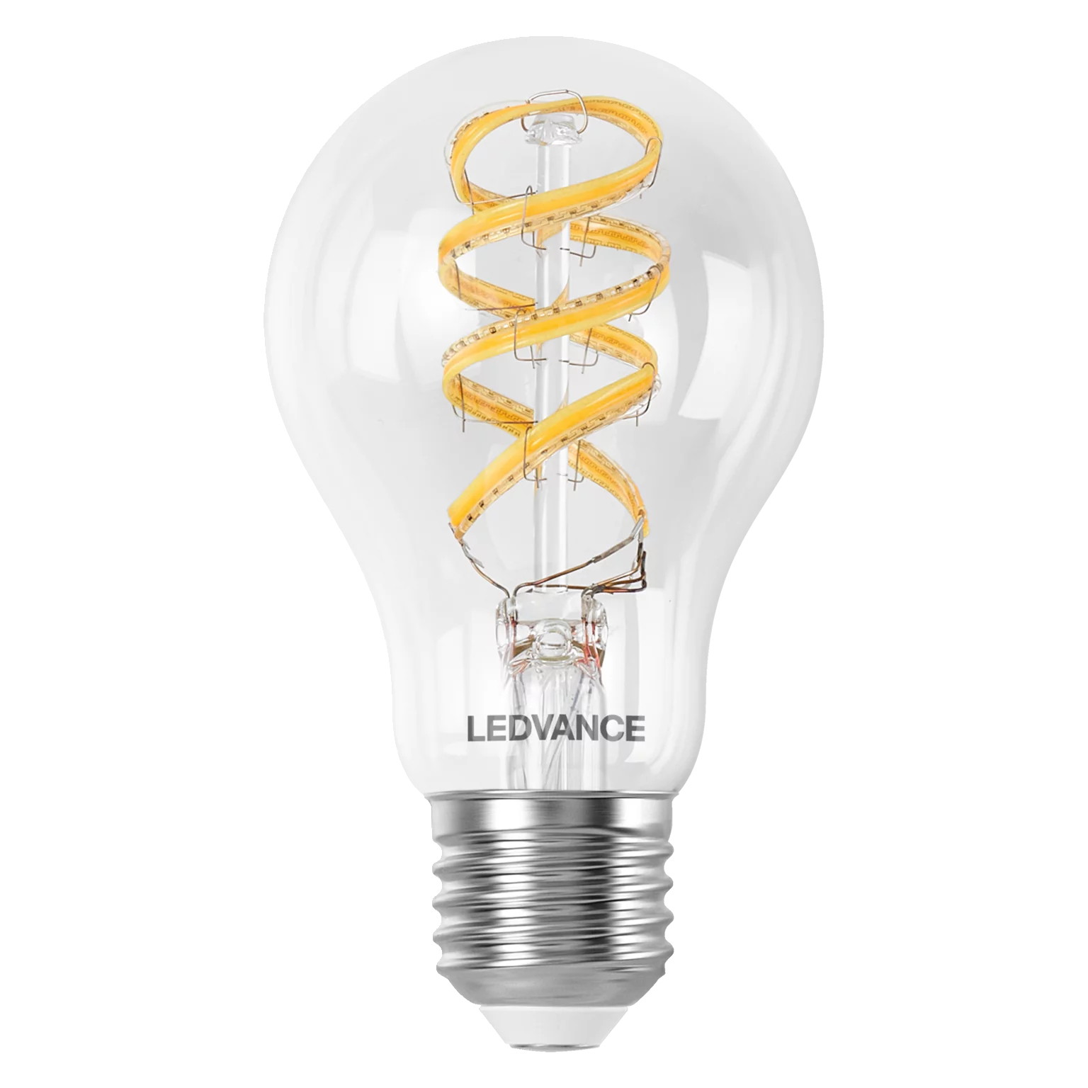Una lampadina LED trasparente con filamento a spirale giallo e base argentata.