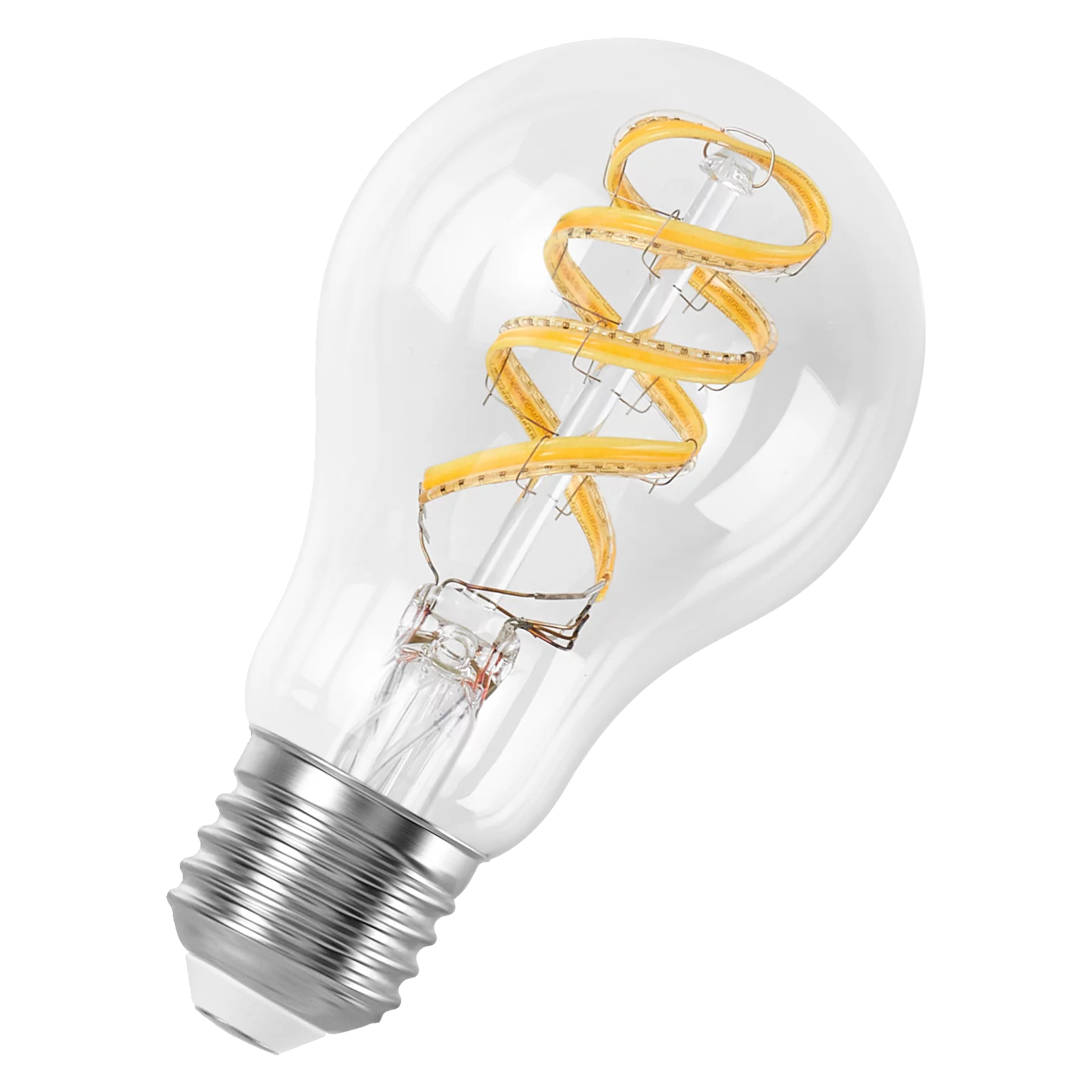 Una lampadina trasparente con un filamento a spirale giallo e base argentata.
