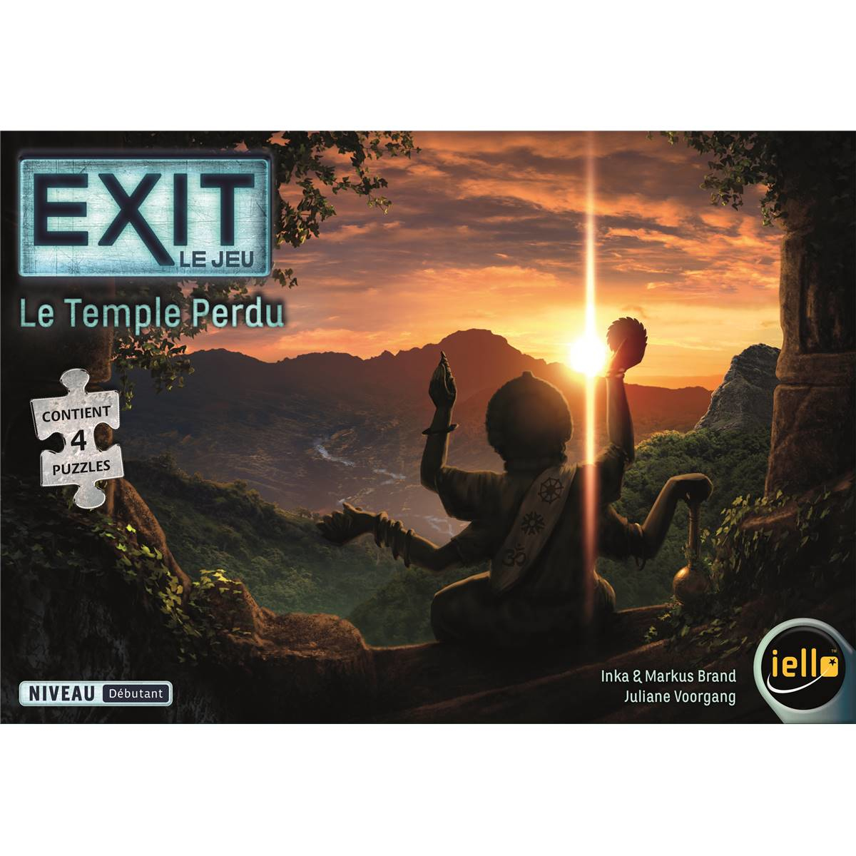 Pudełko do EXIT Le Jeu: Le Temple Perdu. Osoba z wieloma ramionami jest widoczna w pobliżu zachodu słońca.