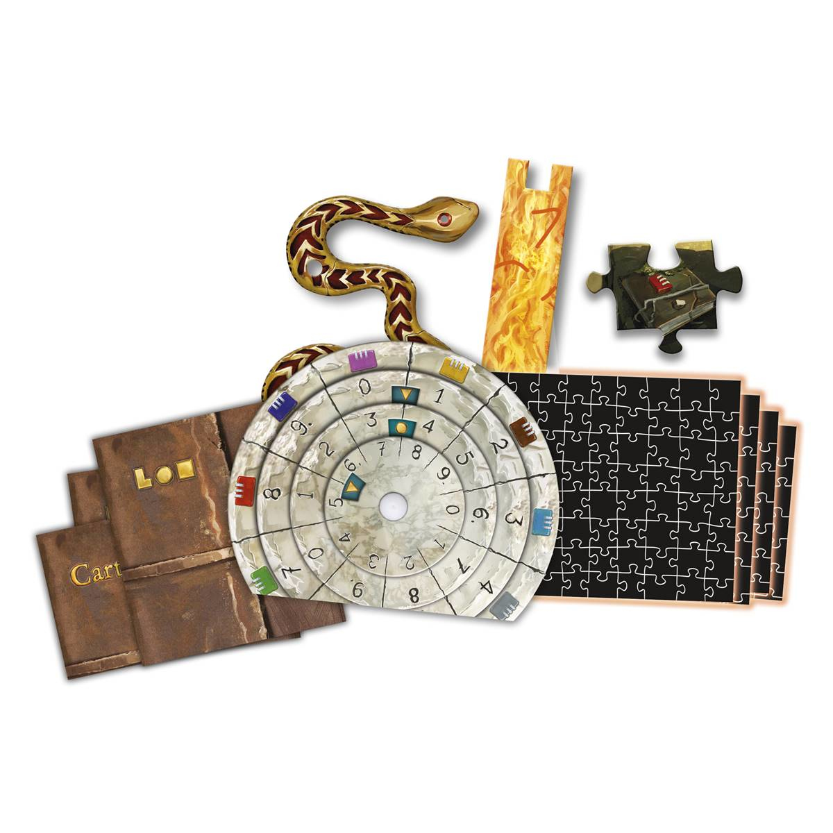 Elementy układanki i komponenty gry. Wąż, tarcza i element układanki znajdują się na zdjęciu.