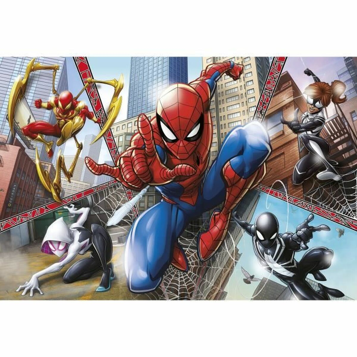 Spider-Man e altri eroi su una scatola di puzzle. Lo sfondo è una scena cittadina.
