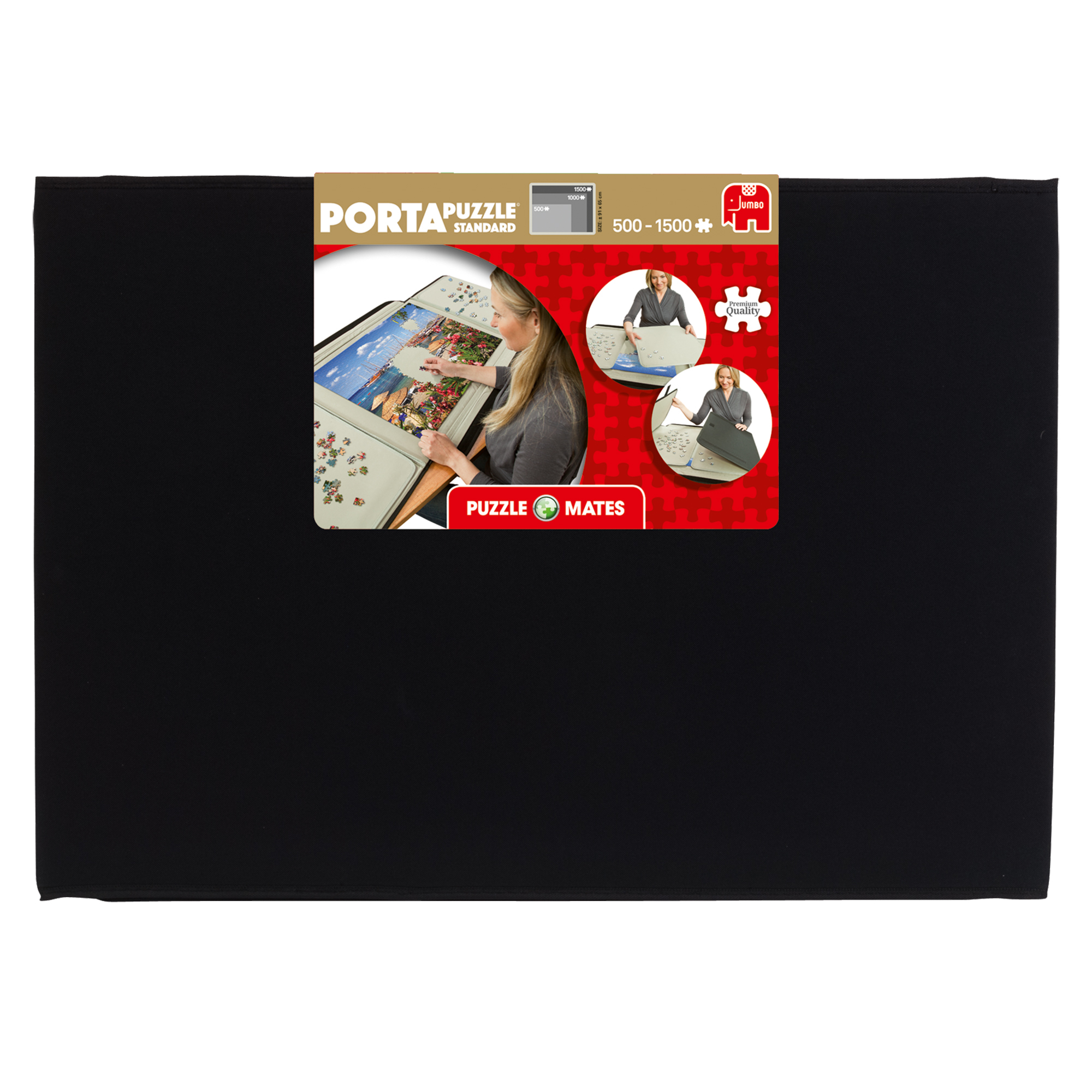 Un tappetino nero per puzzle con un'immagine di puzzle e le mani di una donna.
