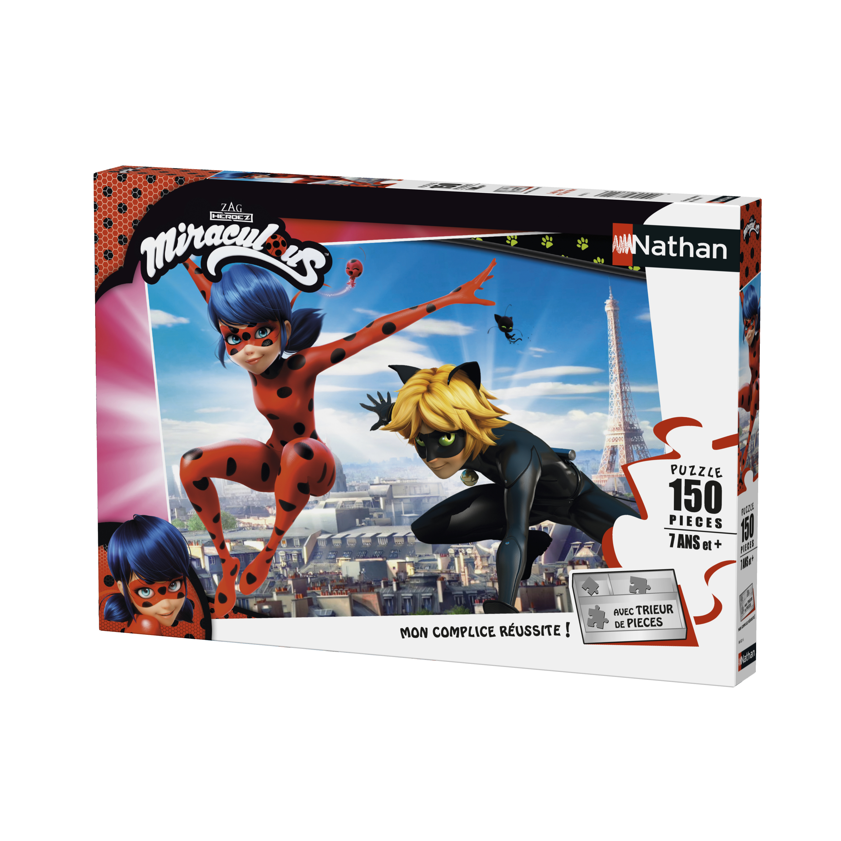 Pudełko z puzzlami Miraculous Ladybug przedstawiające Biedronkę i Czarnego Kota w akcji, z Wieżą Eiffla.