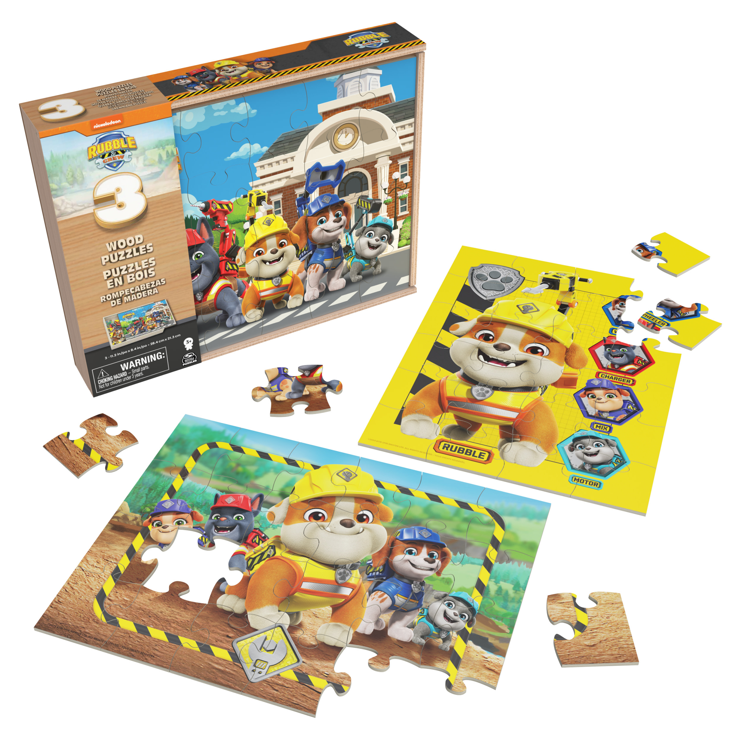 Rompecabezas de Paw Patrol con personajes, piezas y una caja de madera.