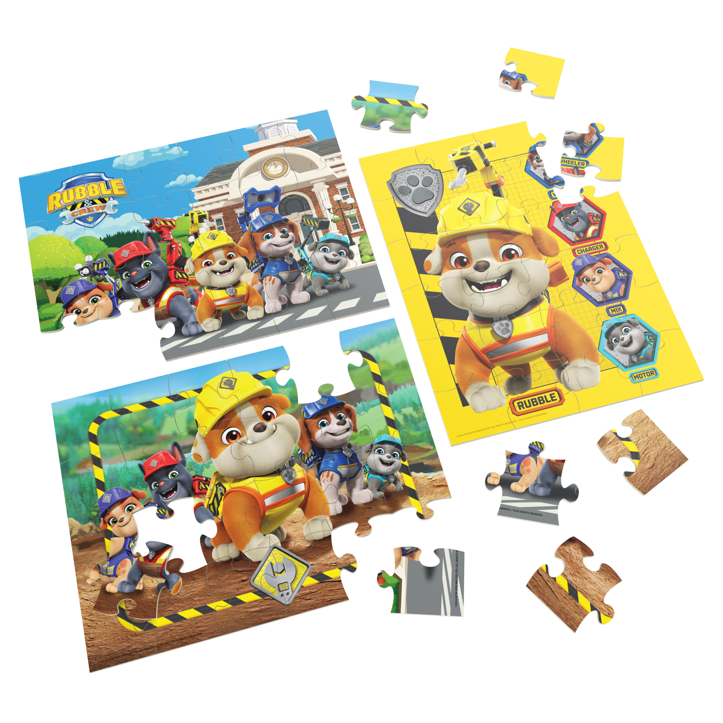 Piezas de rompecabezas de Paw Patrol con los personajes Rubble, Chase y otros, en una escena de construcción.