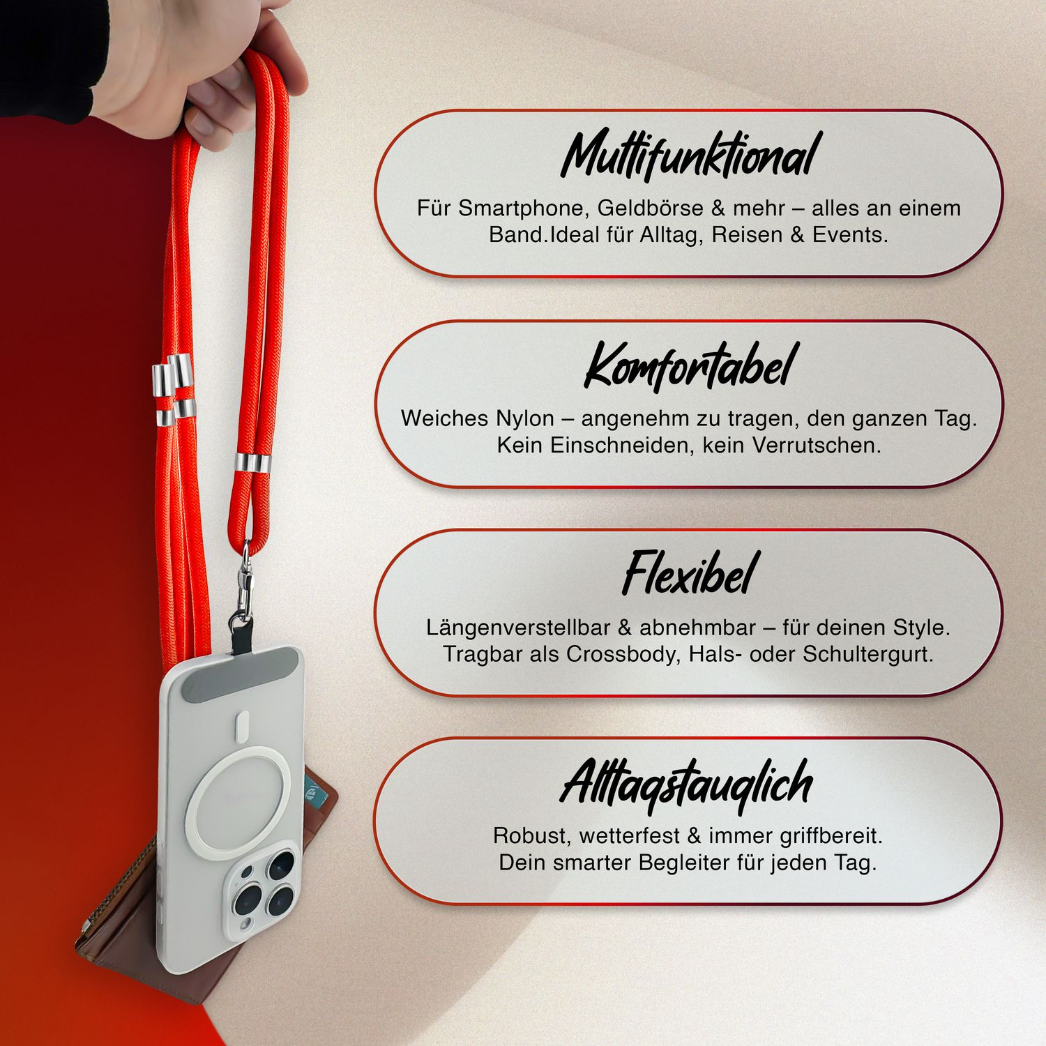 Rote Handykordel mit Handyhülle und Geldbörse. Eine Hand hält die Kordel. Text auf dem Bild.