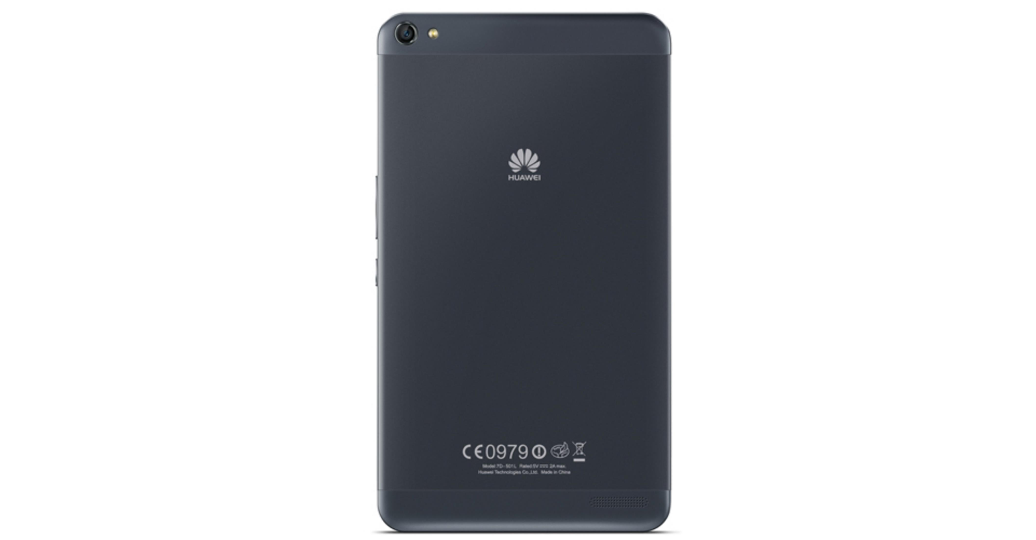 Die Rückseite eines dunkelgrauen Tablets mit dem Huawei-Logo. Unten befinden sich einige regulatorische Zeichen.