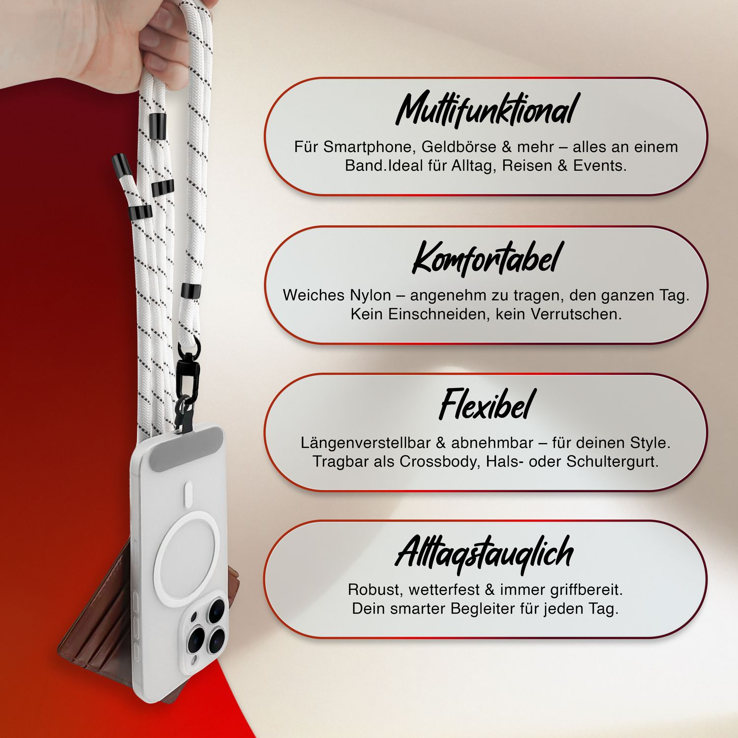 Ein Schlüsselband mit Handyhülle und Text, der die Funktionen beschreibt: multifunktional, komfortabel, flexibel und alltagstauglich.