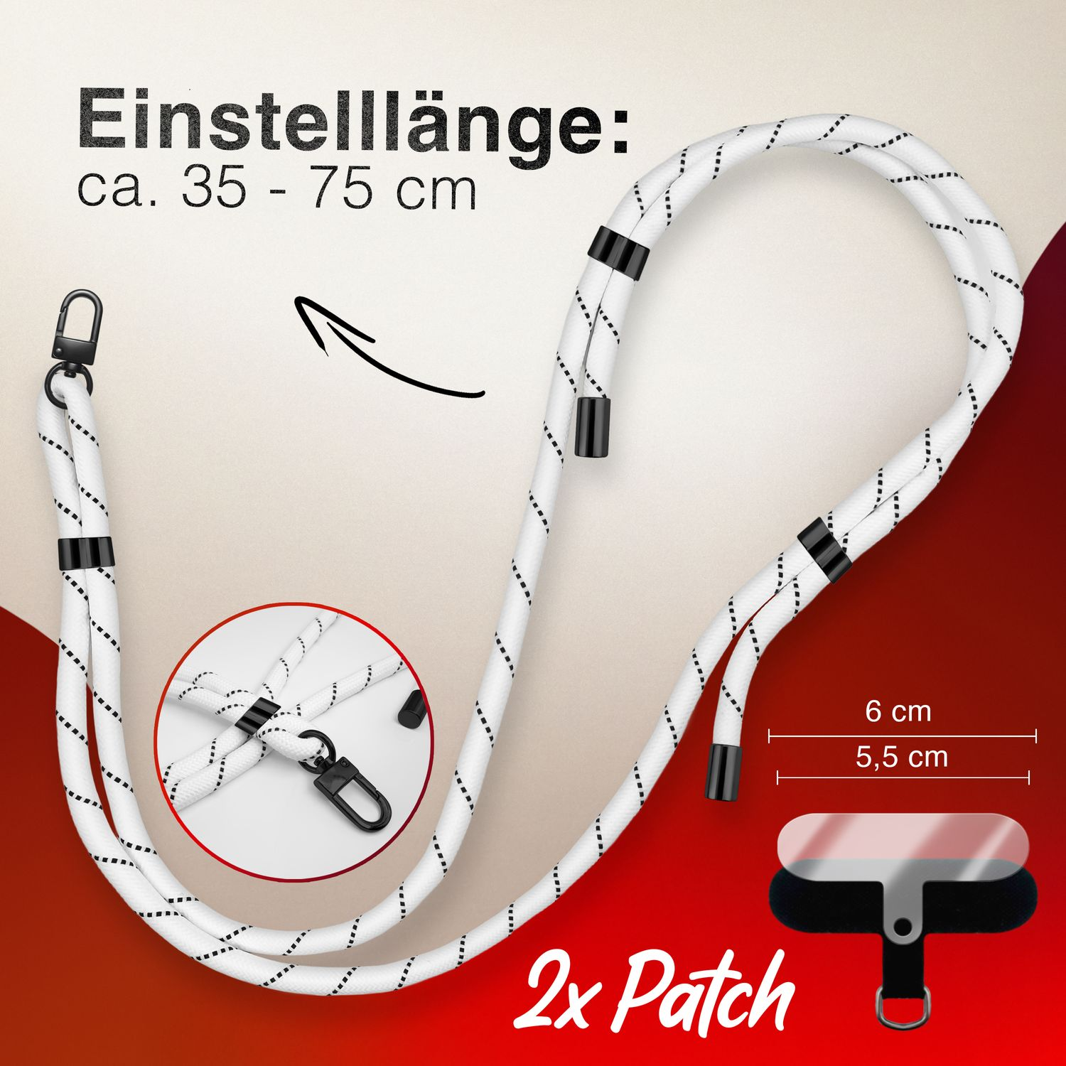 Nahaufnahme eines Schlüsselbands mit Telefonanschluss und Text, der die Abmessungen angibt. Weißes Kabel und schwarze Akzente.