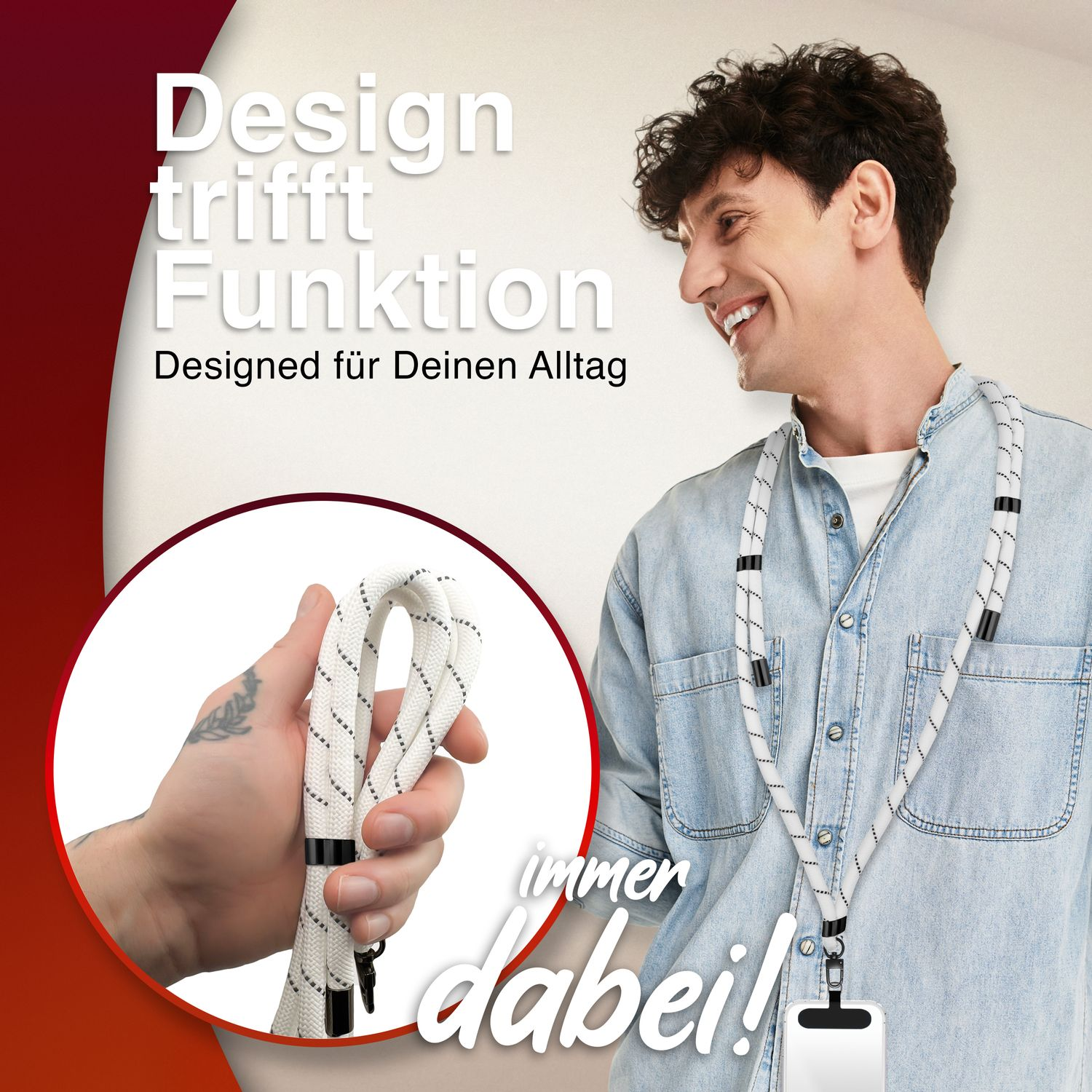 Ein Mann mit Schlüsselband und Handy, lächelnd, mit dem Text 'Design meets function'.